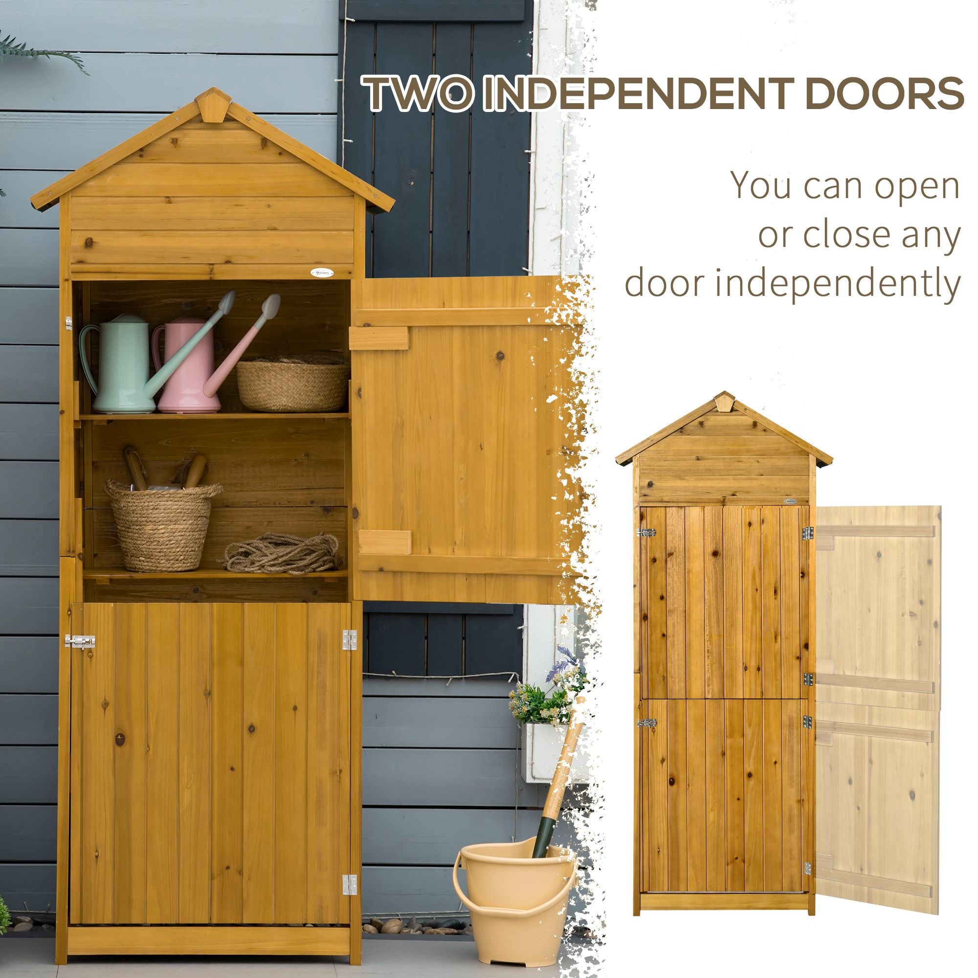 Outsunny Wooden Garden Storage Shed Utility Gardener Cabinet w/ 3 Shelves and 2 Door, 191.5cm x 79cm x 49cm, Natural Wood Effect - anydaydirect