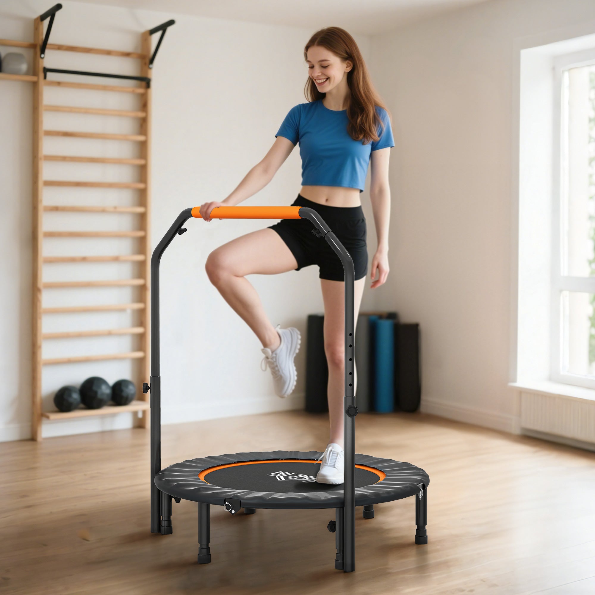 HOMCOM 40" Foldable Mini Fitness Trampoline, with Adjustable Foam Handle, Orange - anydaydirect