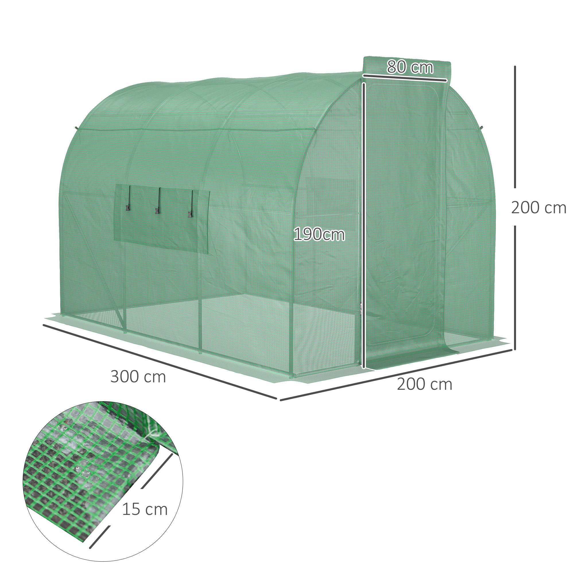 Outsunny Large Polytunnel Walk In Greenhouse, Plant Gardening Tunnel Green House with Metal Hinged Door, Galvanised Steel Frame & Mesh Windows, Green (3 x 2 m) - anydaydirect