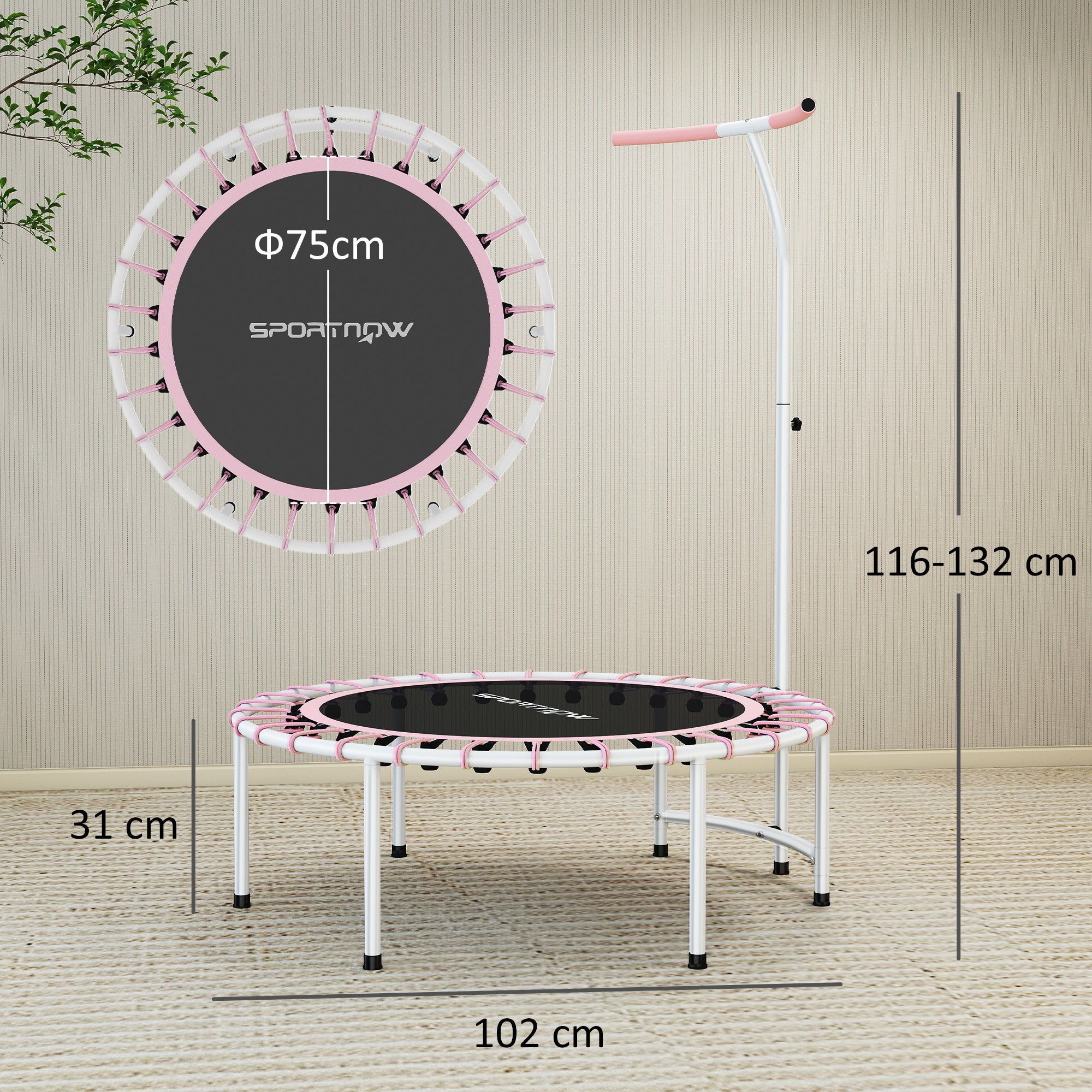 SPORTNOW 40" Fitness Trampoline, Mini Rebounder Trampoline for Adults with 5-Level Adjustable Handle, Indoor Exercise Bungee Rebounder, Max Load 100KG, Pink - anydaydirect