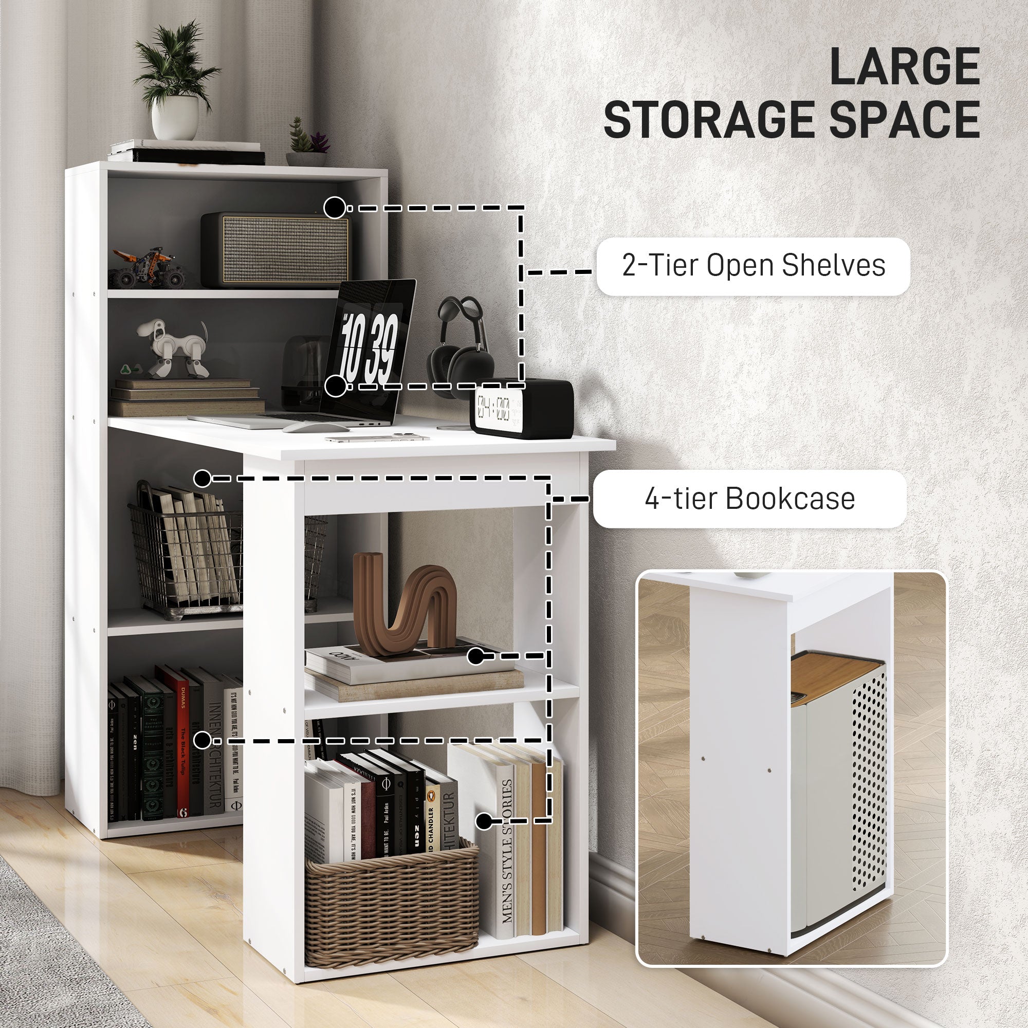 HOMCOM 120cm Modern Computer Desk Bookshelf Study Table Workstation PC Laptop Writing Home Office 6 Shelves, White - anydaydirect