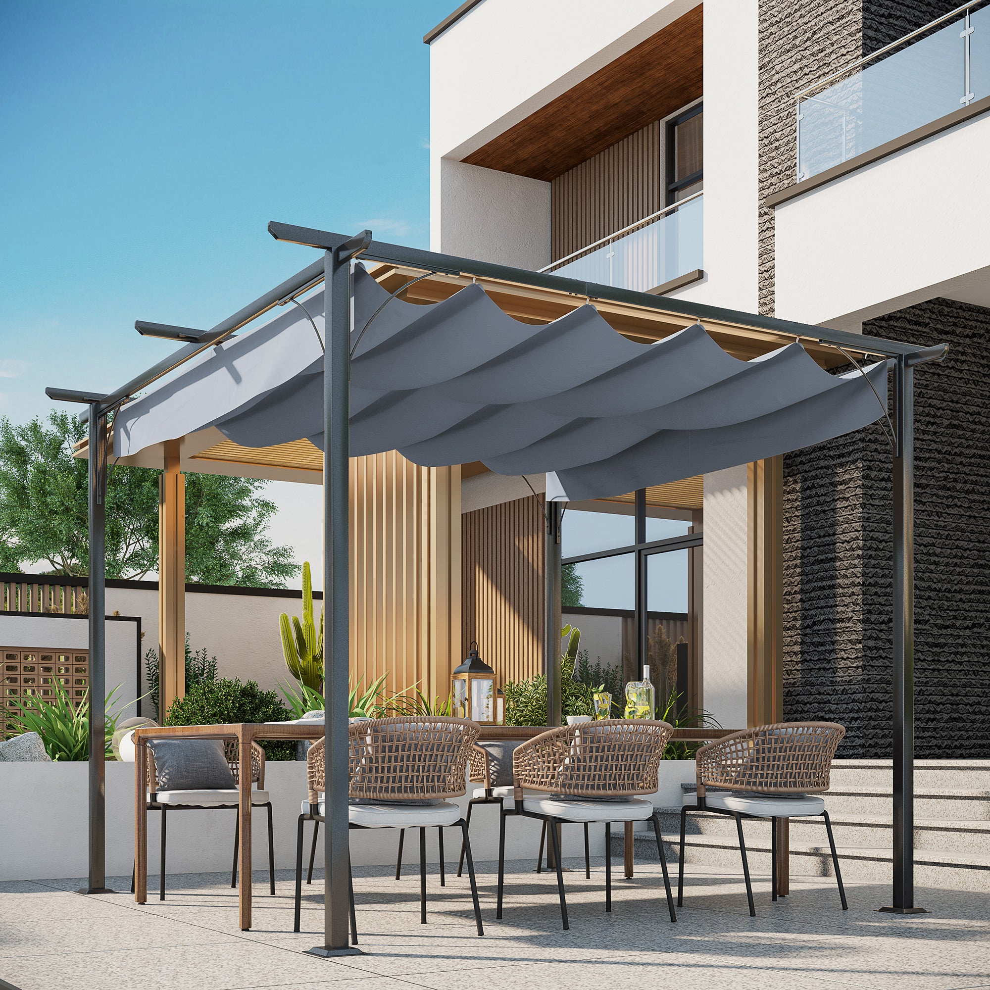 Outsunny 3 x 3(m) Metal Pergola with Retractable Roof, Garden Gazebo Metal Pergola Canopy. Outdoor Sun Shade Shelter for Party BBQ, Grey - anydaydirect