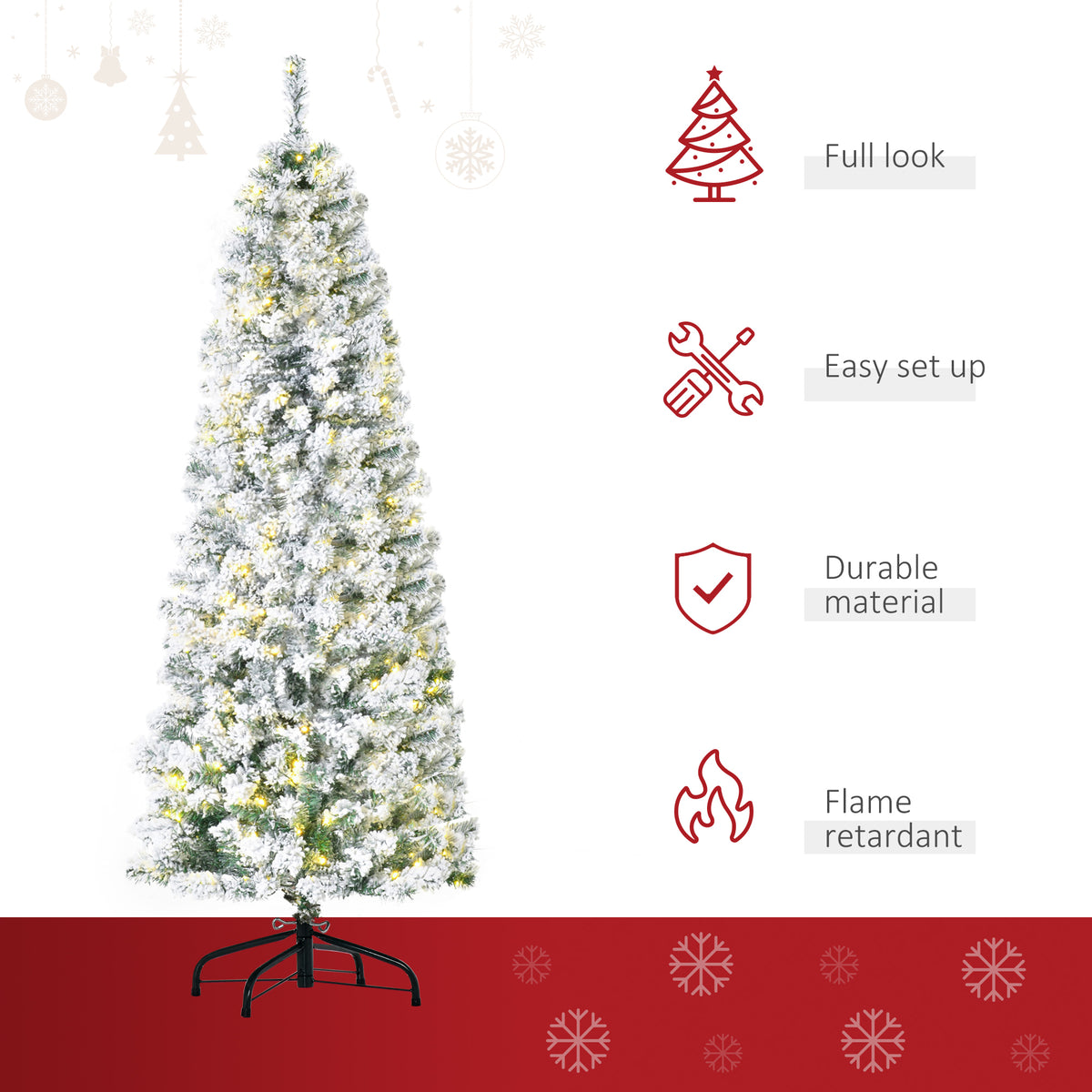 HOMCOM 6 Feet Prelit Artificial Snow Flocked Christmas Tree with Warm White LED Light, Holiday Home Xmas Decoration, Green White - anydaydirect