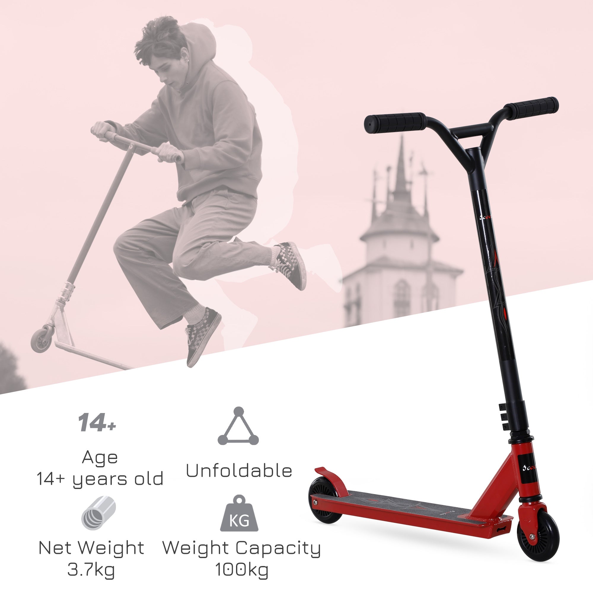 HOMCOM Street Stunt Scooter Intermediate and Beginner Freestyle Tricks Scooters For 14+ Teens Adult w/ Rear ?10cm Wheel & Brake - Red - anydaydirect
