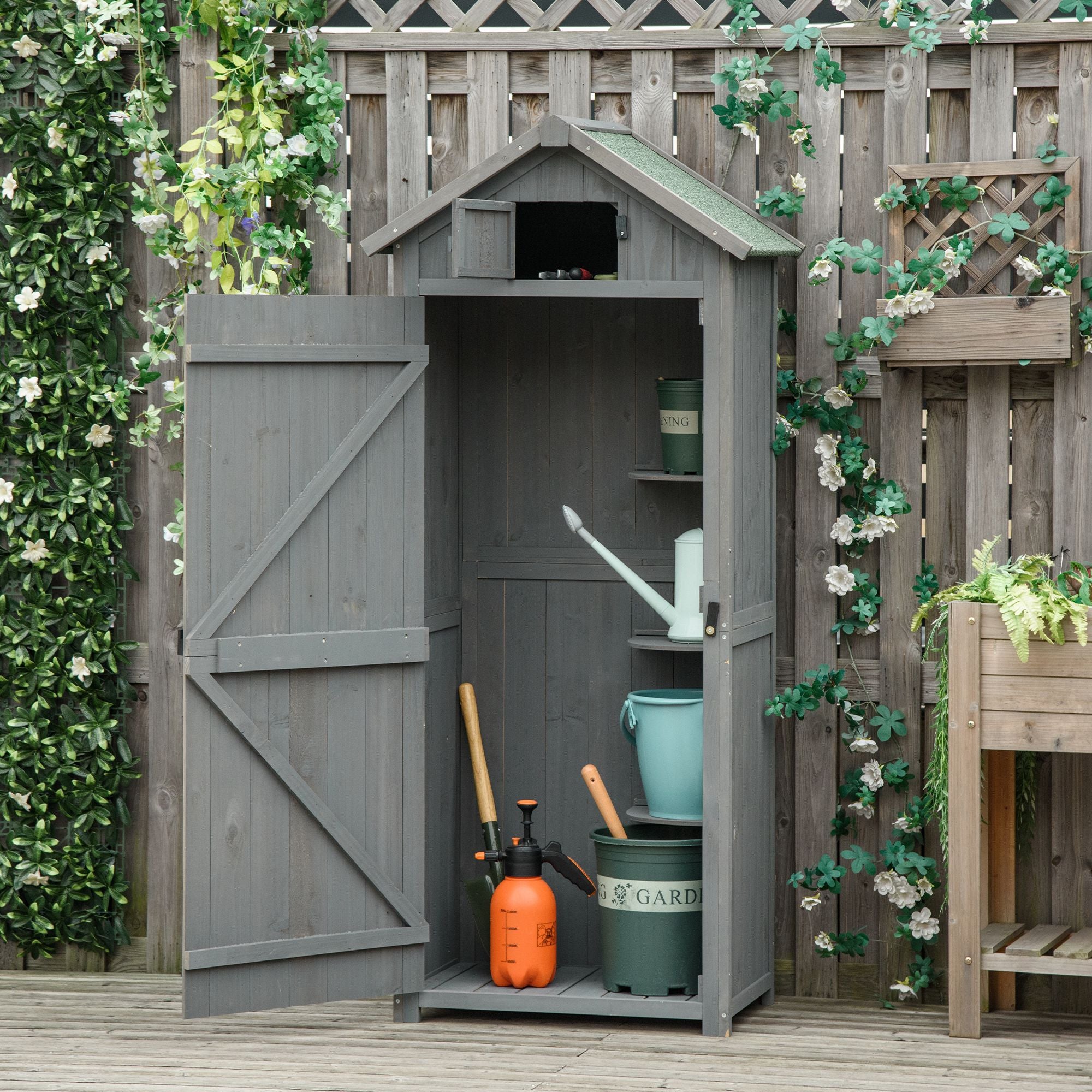 Outsunny Garden Shed Vertical Utility 3 Shelves Shed Wood Outdoor Garden Tool Storage Unit Storage Cabinet, 77 x 54.2 x 179cm - Grey - anydaydirect