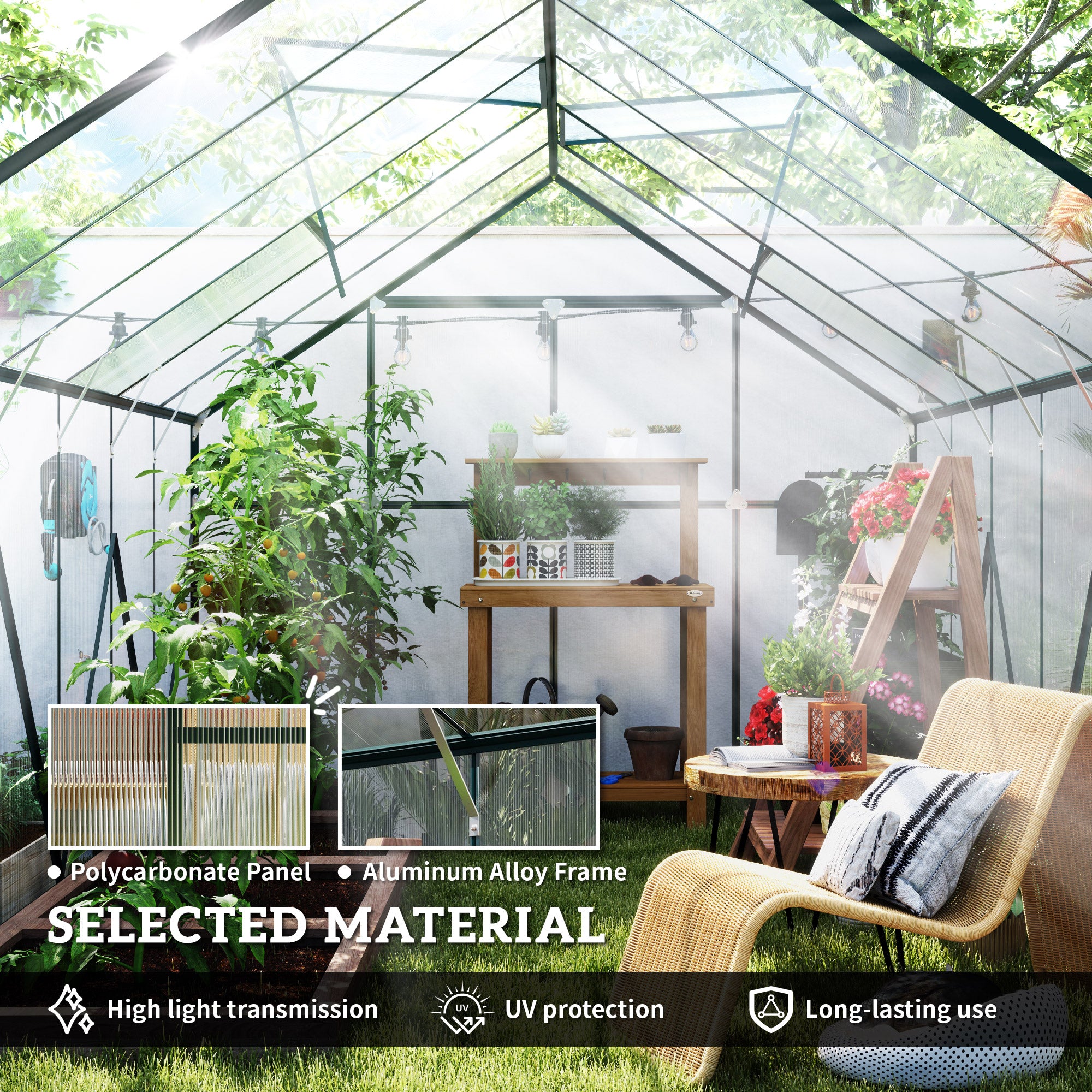 Outsunny 8 x 12ft Aluminium Greenhouse Polycarbonate Walk-in Garden Greenhouse Kit with Adjustable Roof Vent, Double Sliding Door, Rain Gutter and Foundation, Clear - anydaydirect