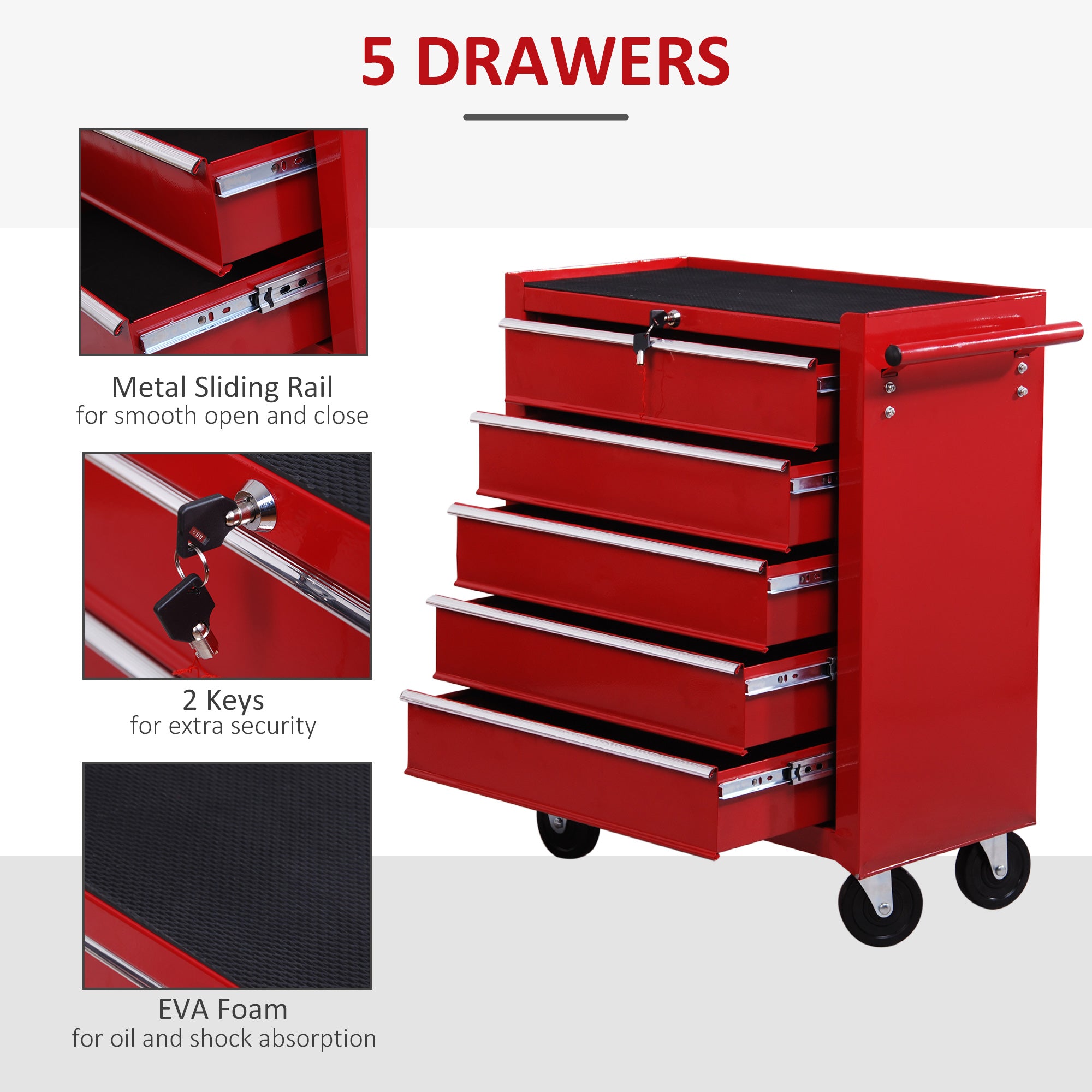 HOMCOM 5 Drawer Tool Chest on Wheels, Lockable Steel Tool Trolley with Side Handle for Workshop, Garage, Red - anydaydirect