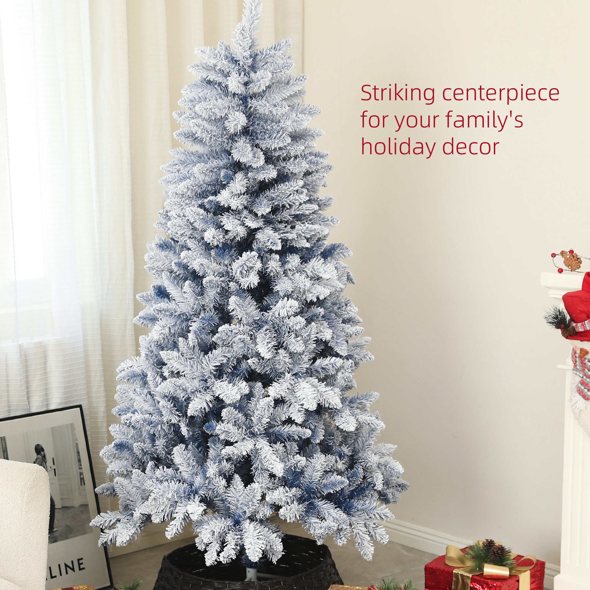 HOMCOM 6ft Flocked Artificial Christmas Tree with 700 Snow Frosted Tips, Metal Stand, Snowy Hinged Xmas Tree, Blue - anydaydirect