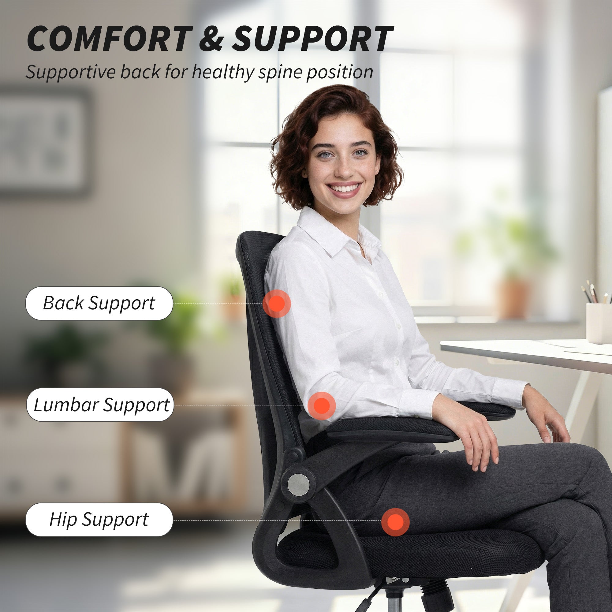 HOMCOM Office Chair, Mesh Desk Chair with Flip-up Armrests, Lumbar Support, Adjustable Height, Black - anydaydirect