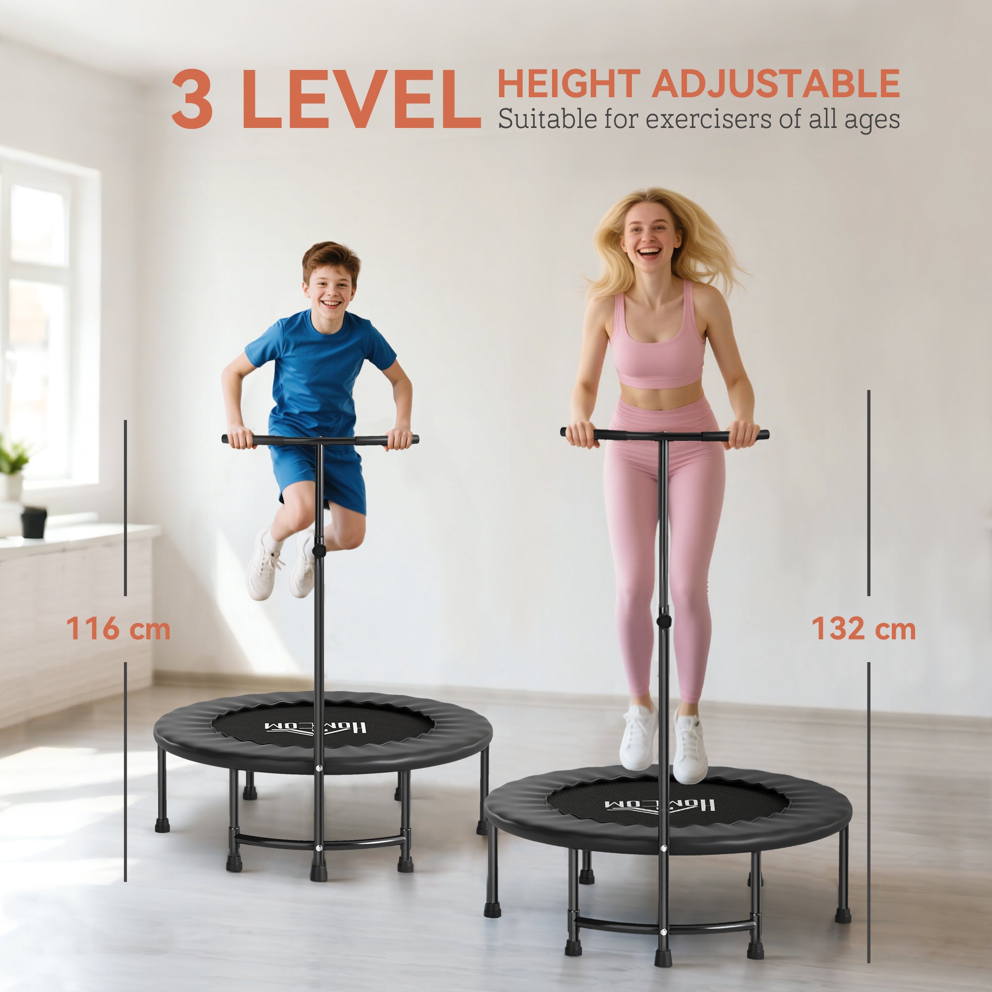 HOMCOM 40" Fitness Trampoline with Adjustable Handle, Rebounder Trampoline, Mini Jumper for Indoor Exercise Workout, Black - anydaydirect