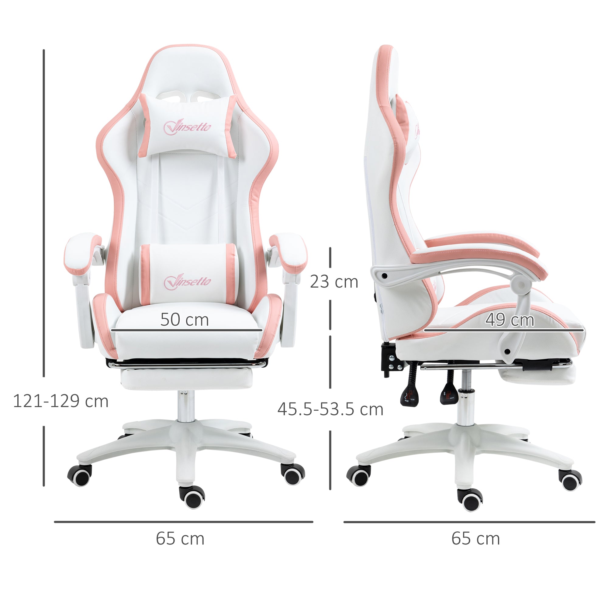 Vinsetto Computer Gaming Chair, PU Leather Desk Chair with Footrest, Swivel Task Chair with 135° Reclining Back and Lumbar Support, PC Chair for Adults, White and Pink - anydaydirect