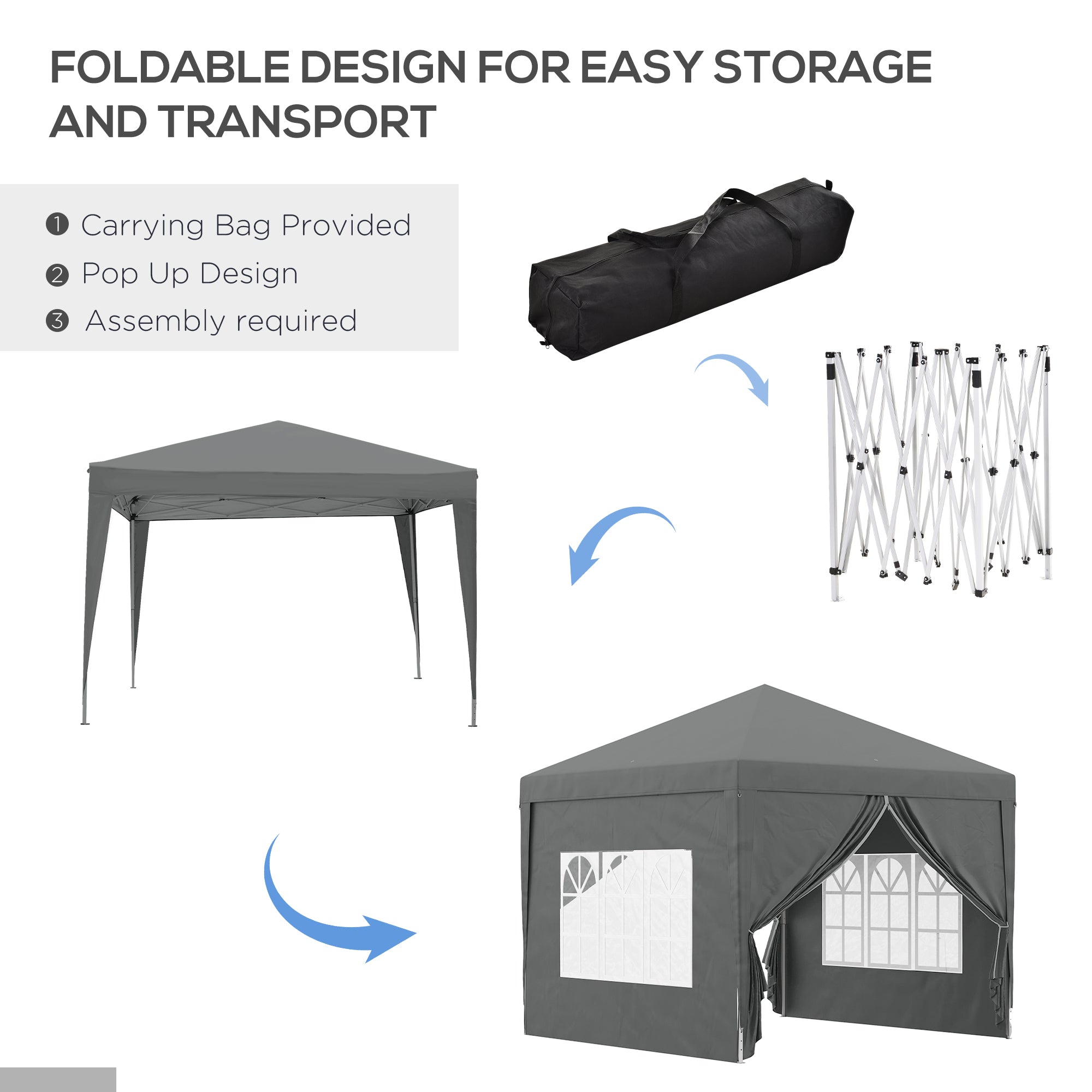 Outsunny 3 x 3 Meters Pop Up Water Resistant Gazebo Wedding Camping Party Tent Canopy Marquee with Carry Bag and 2 Windows, Grey - anydaydirect