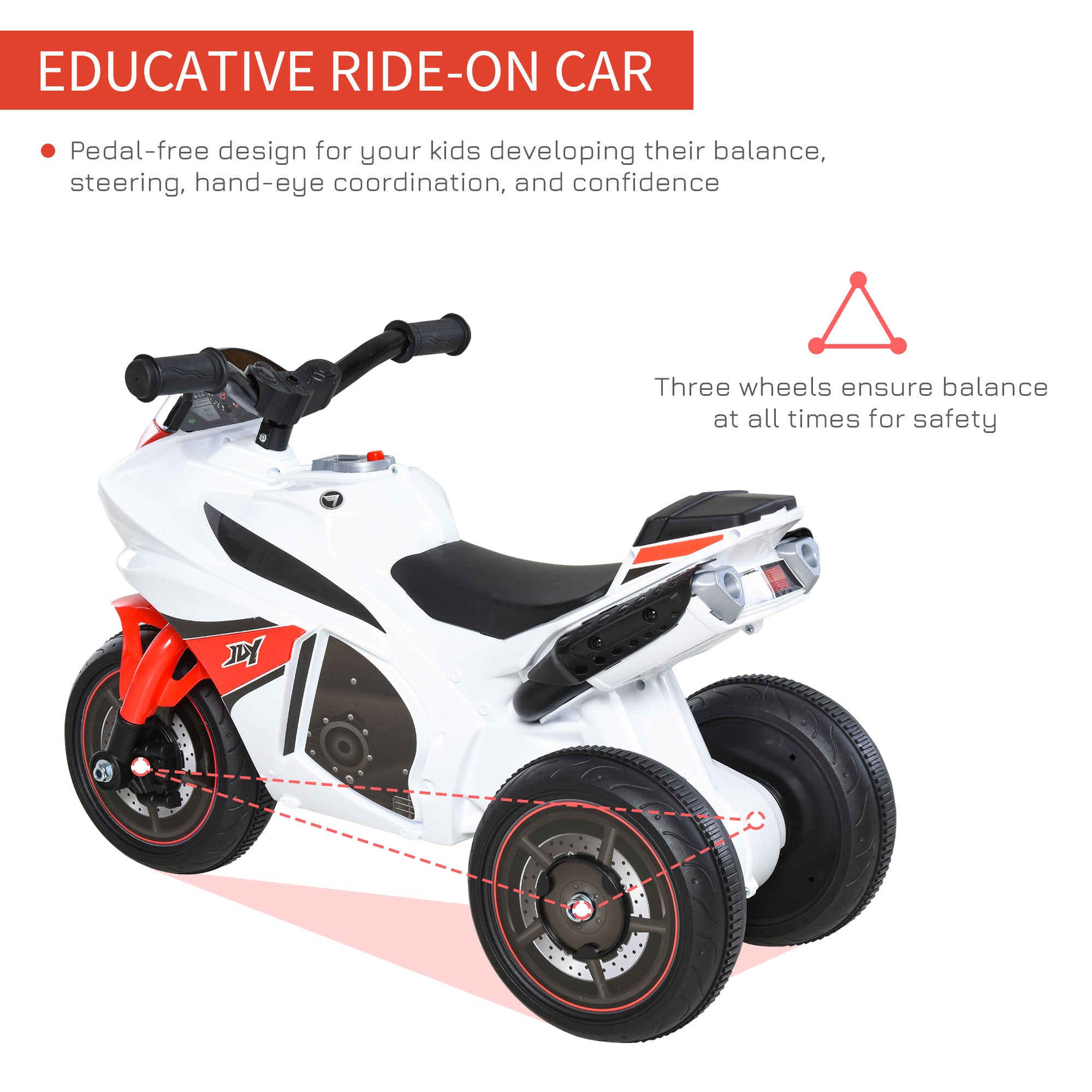 HOMCOM Toddlers 3-Wheel Plastic Motorcycle Push Walker with Music, Front Light for Kids Aged 18-36 Months ,Red/White - anydaydirect