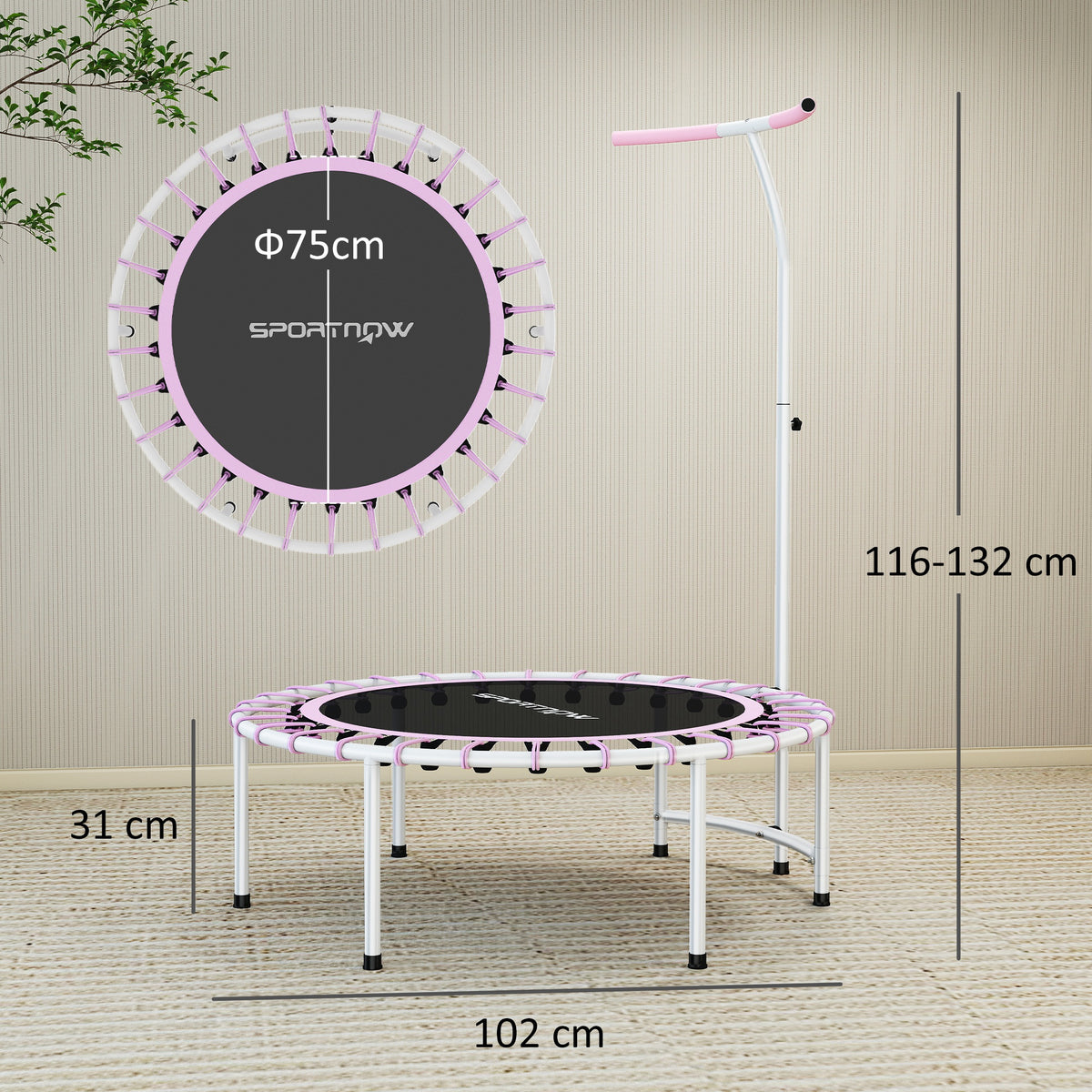 SPORTNOW 40" Fitness Trampoline, Mini Rebounder Trampoline for Adults with 5-Level Adjustable Handle, Indoor Exercise Bungee Rebounder, Max Load 100KG, Purple - anydaydirect