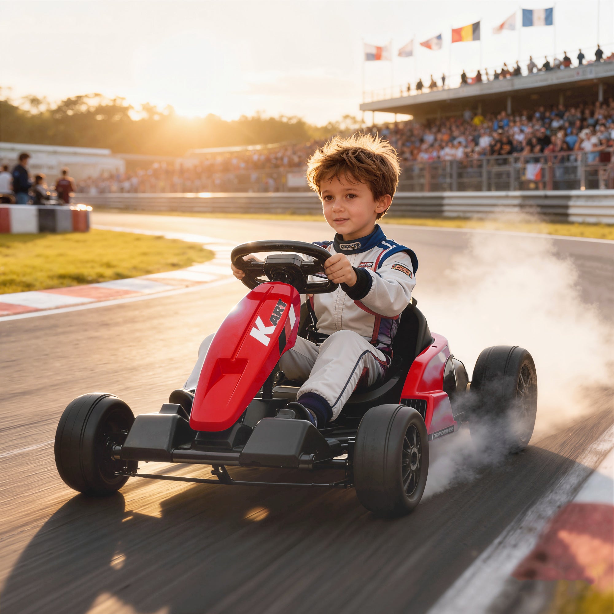 AIYAPLAY 24V Electric Go Kart, Drift Kart with Adjustable Seat, Slow Start, 5-Point Harness, Music, Horn, for 6-12 Years, Red - anydaydirect
