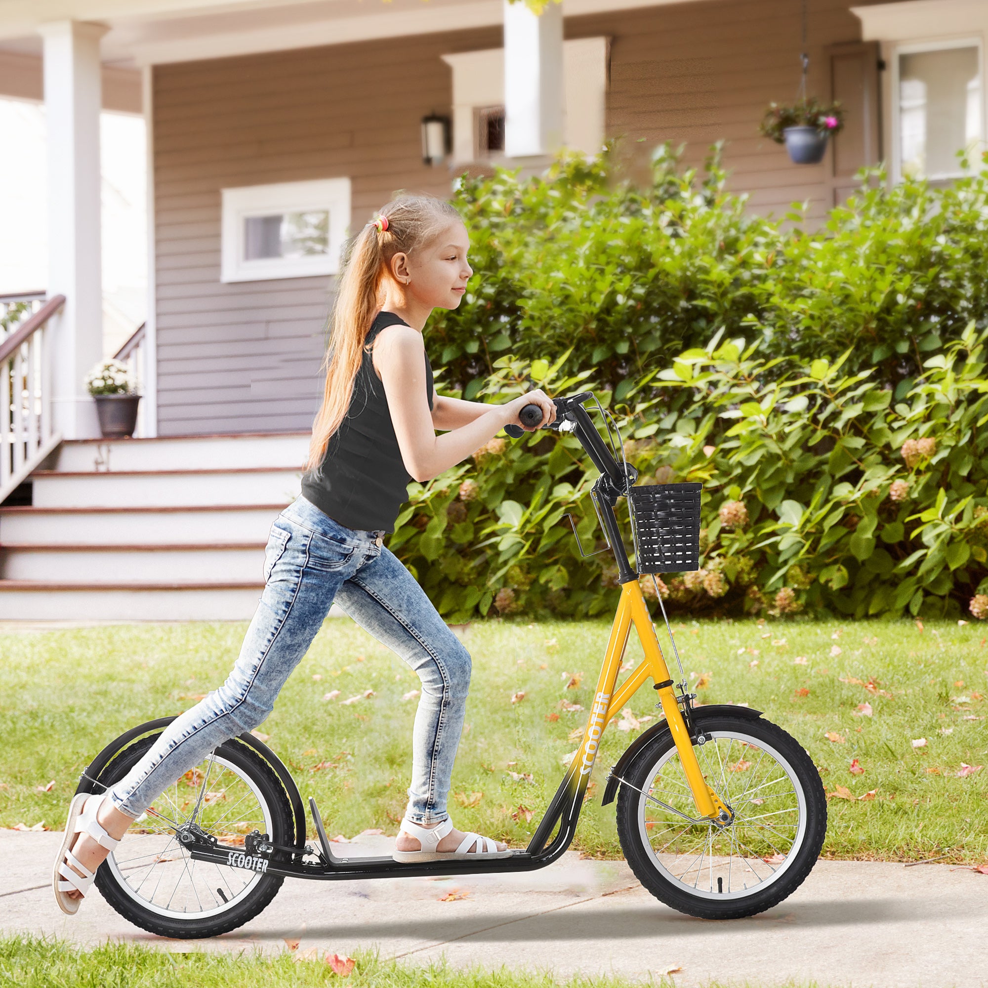 HOMCOM Kiddie Cruiser: Adjustable Scooter with Dual Brakes, Basket & Cupholder, 16" Inflatable Tyres, Tangerine Hue - anydaydirect