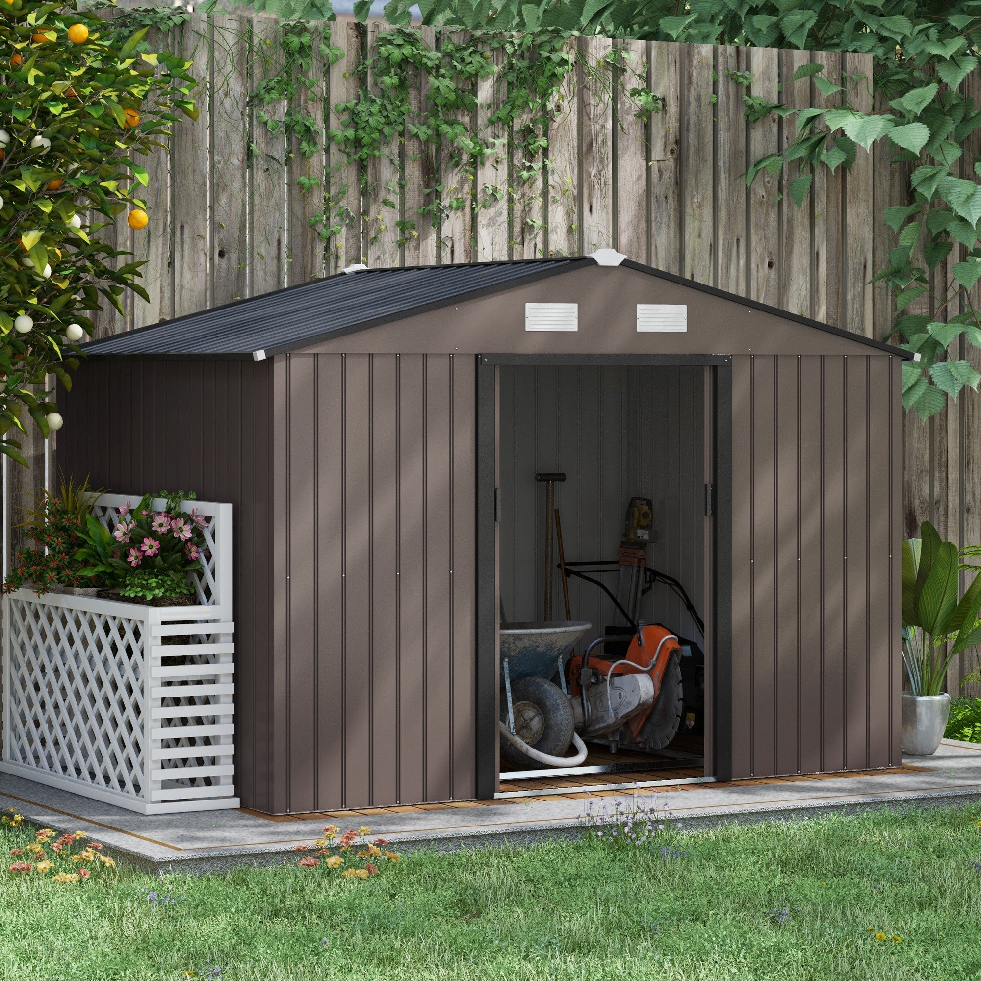 Outsunny 9 x 6FT Garden Metal Storage Shed Outdoor Storage Shed with Foundation Ventilation & Doors, Brown - anydaydirect