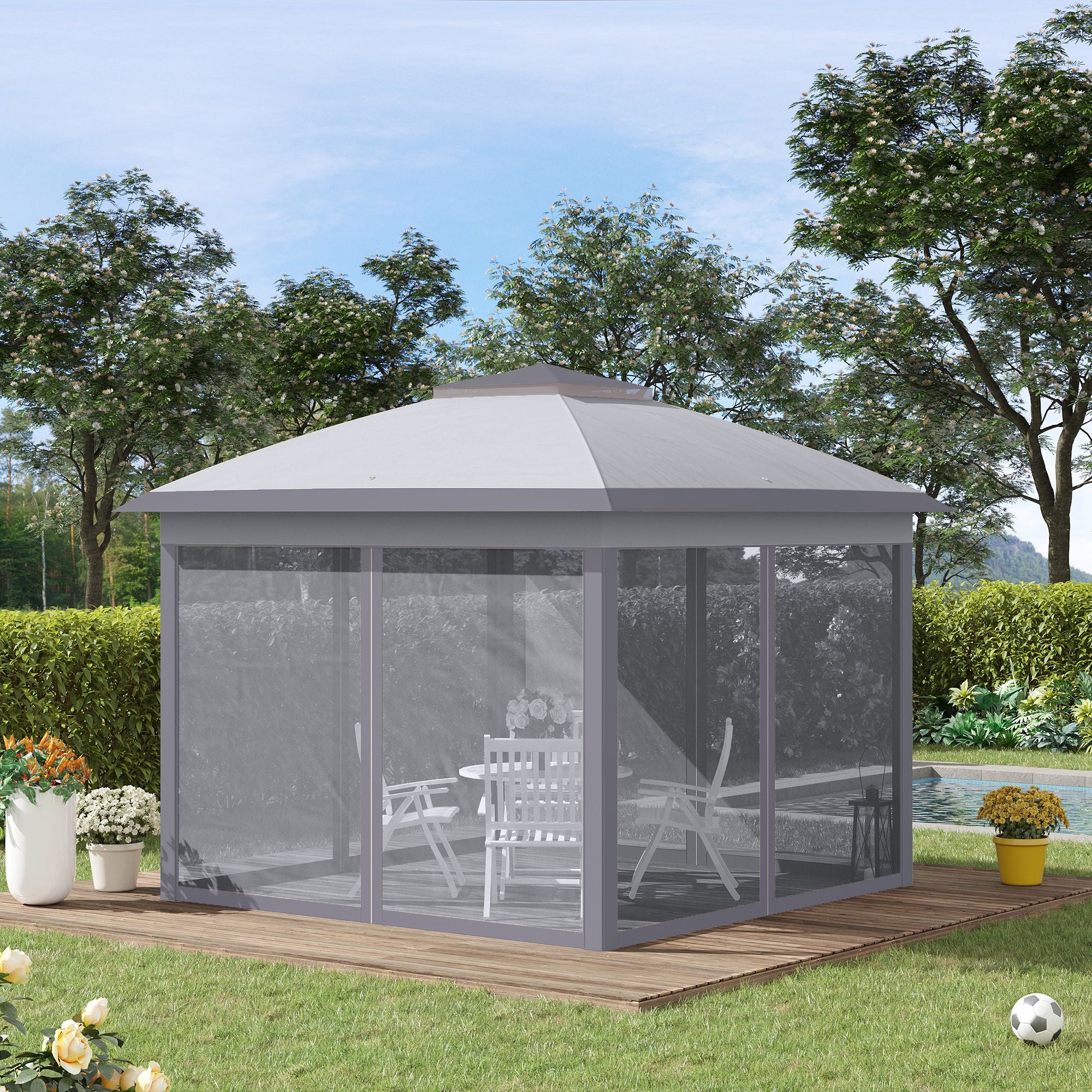 Outsunny 3.3 x 3.3m Pop Up Gazebo, Double Roof Foldable Canopy Tent with Zipped Mesh Sidewalls, Height Adjustable and Carrying Bag, Event Tent for Patio Garden, Grey - anydaydirect