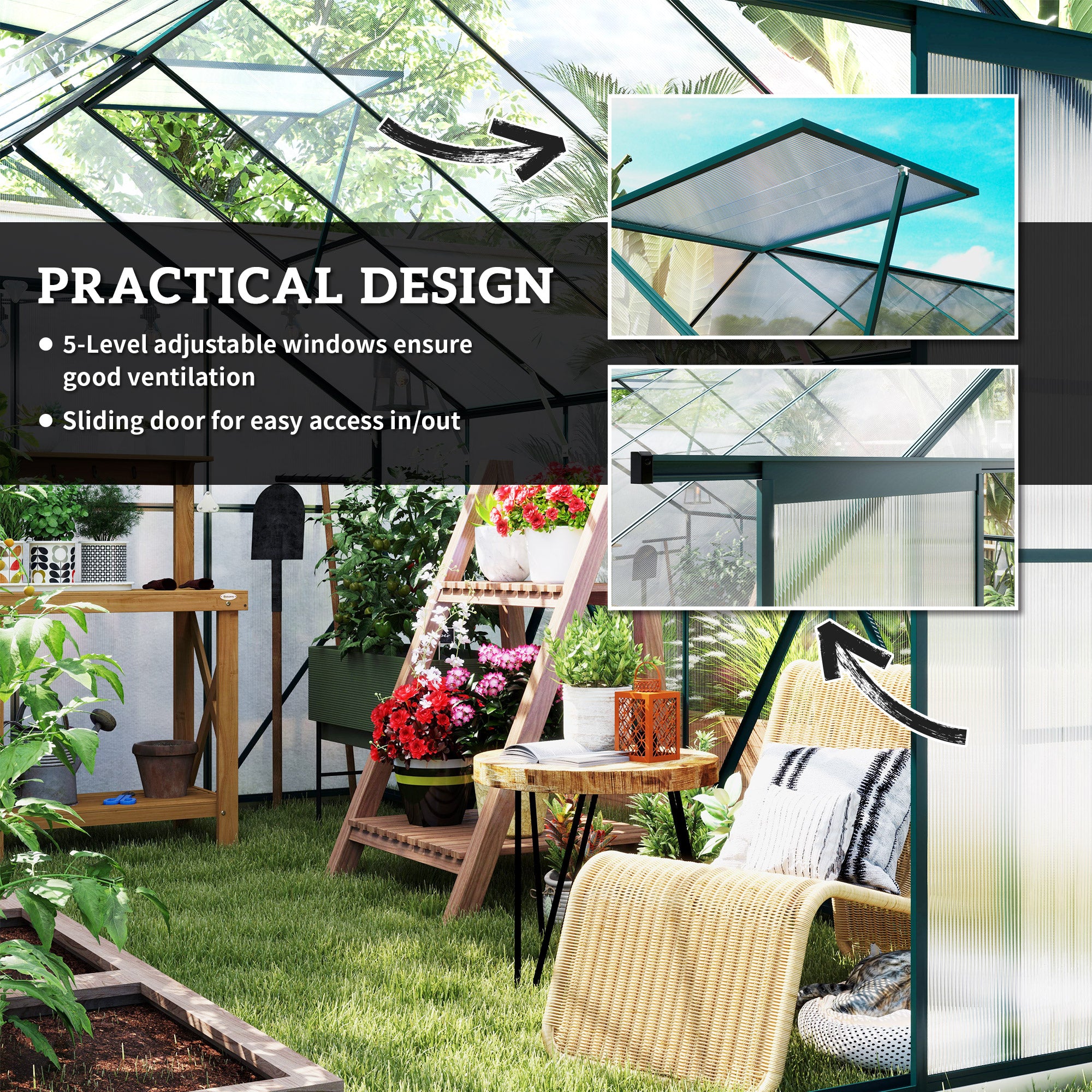 Outsunny 8 x 12ft Aluminium Greenhouse Polycarbonate Walk-in Garden Greenhouse Kit with Adjustable Roof Vent, Double Sliding Door, Rain Gutter and Foundation, Clear - anydaydirect