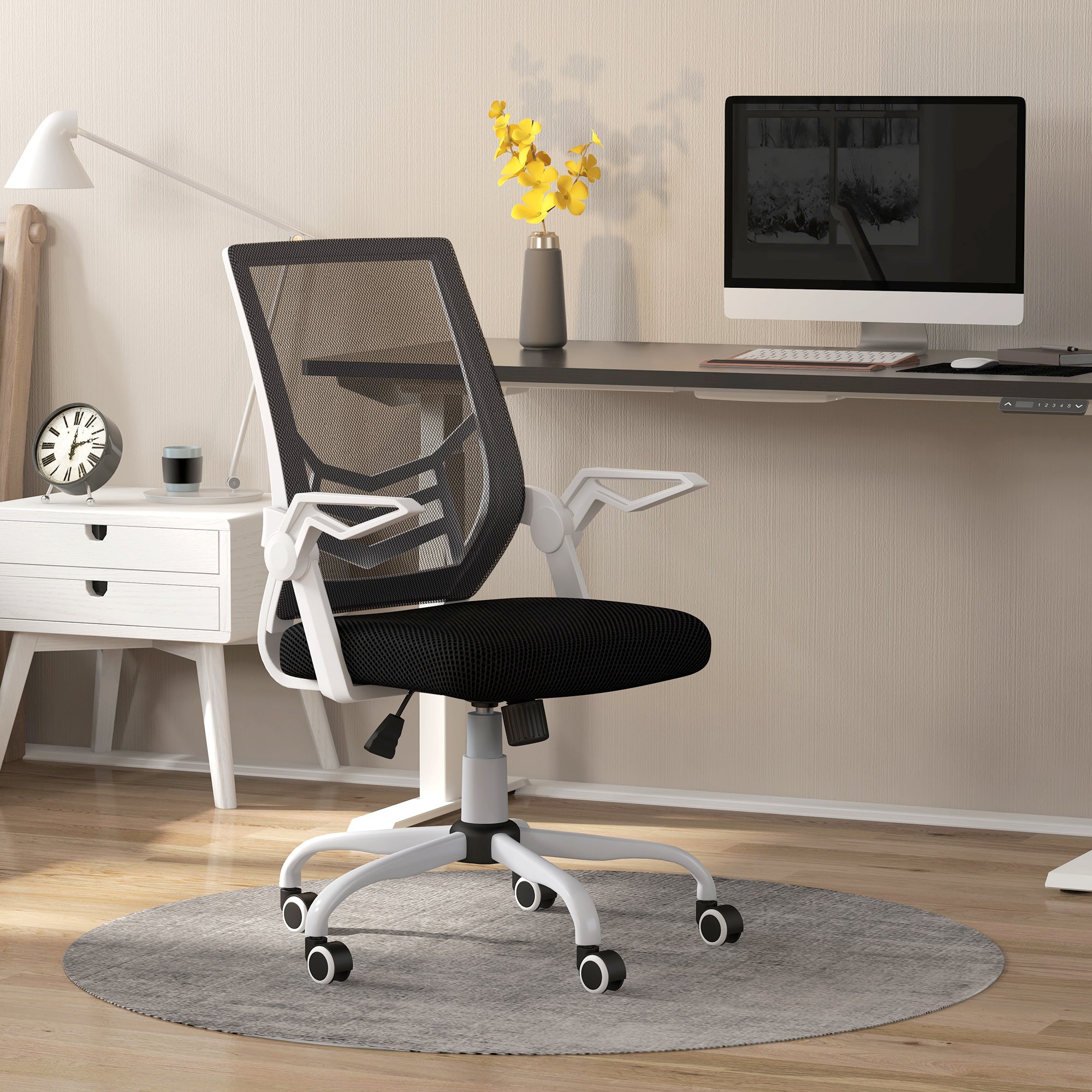Vinsetto Mesh Office Chair, Computer Desk Chair with Flip-up Armrests, Lumbar Back Support and Swivel Wheels, Black - anydaydirect
