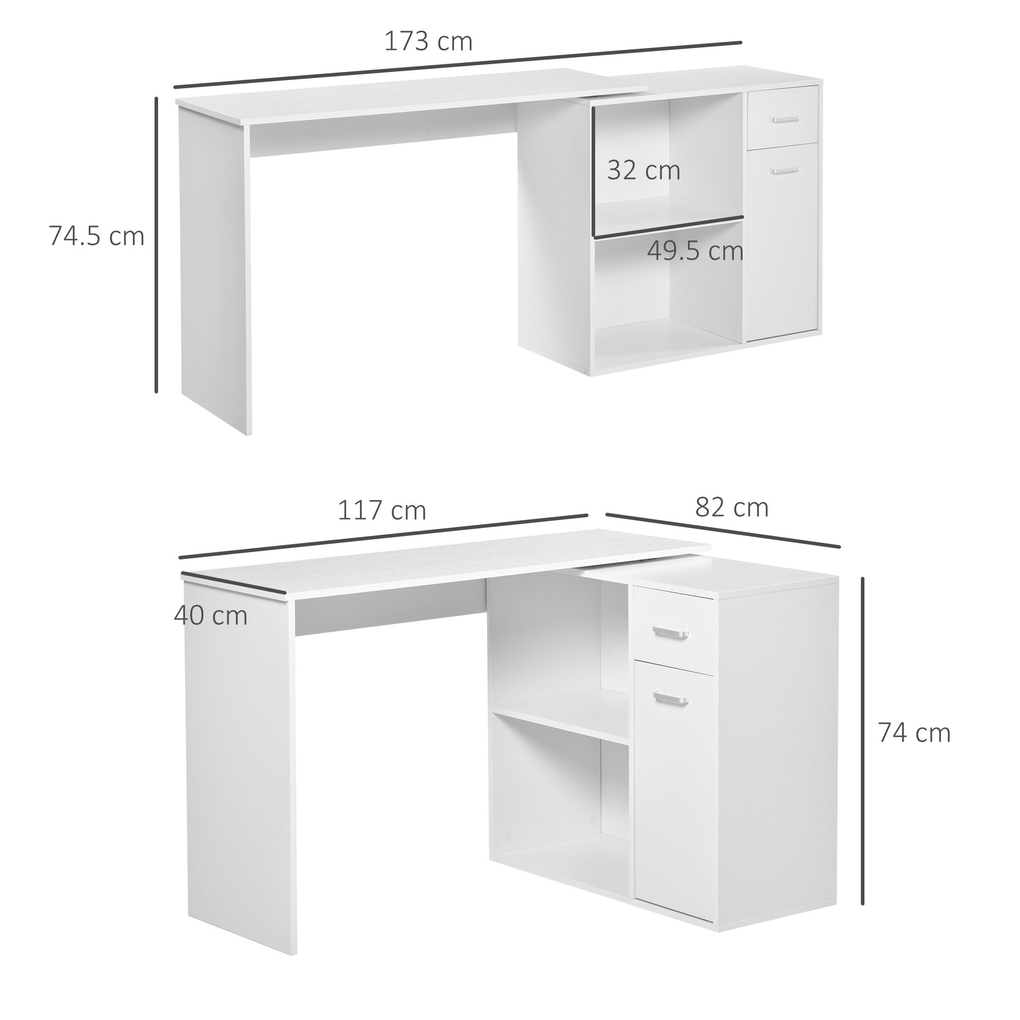 HOMCOM L-Shaped Desk, Corner Computer Desk, Adjustable Study Table with Storage Shelf, Drawer and Cabinet, Workstation for Home Office, White Wood Grain - anydaydirect