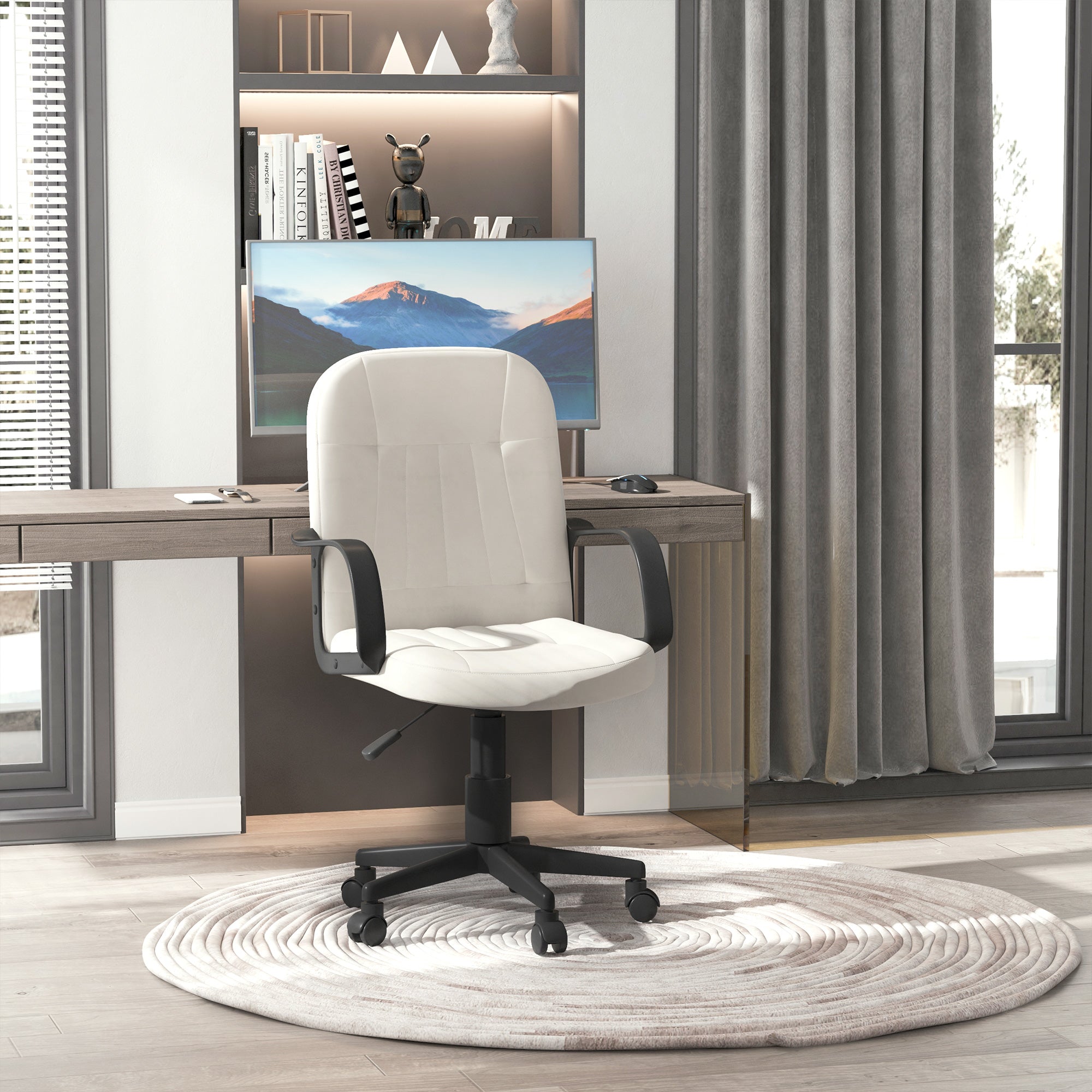 HOMCOM Swivel Executive Office Chair Home Mid Back PU Leather Computer Desk Chair for Adults with Arm, Wheels, Cream - anydaydirect