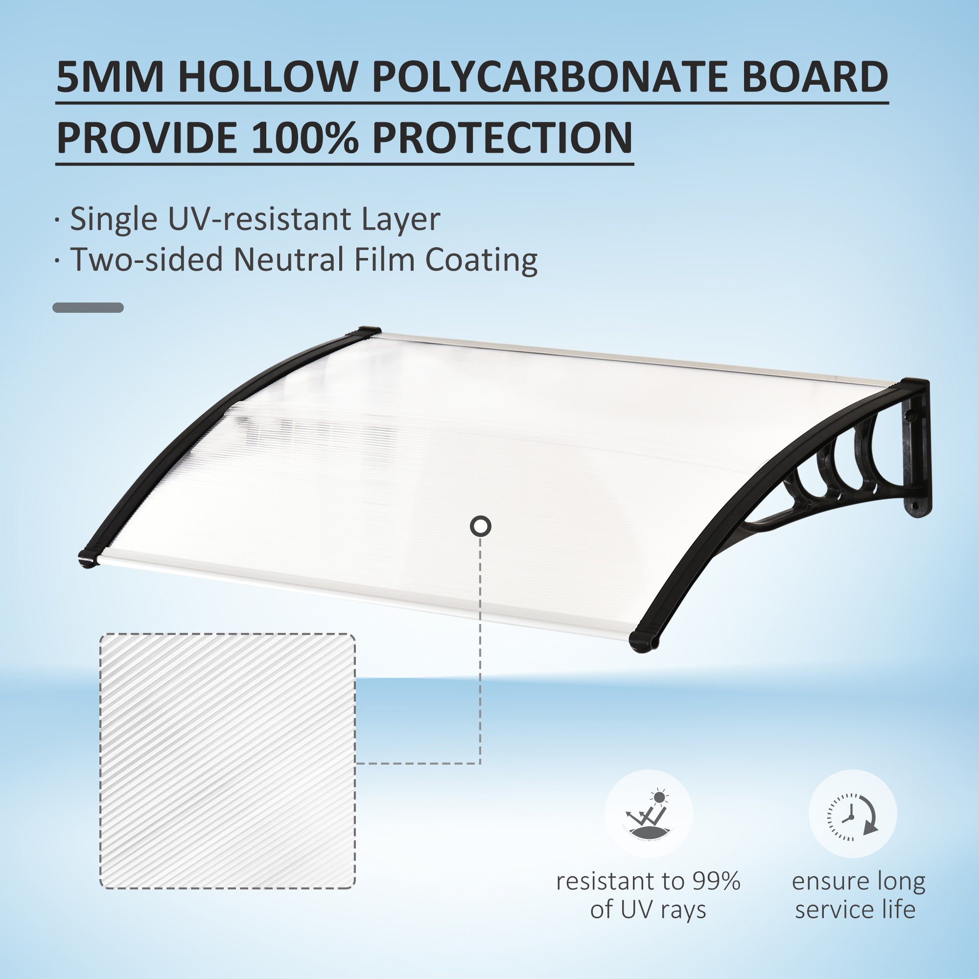 Outsunny Curved Window Door Canopy Aluminium Rigid Plastic Polycarbonate Fixed Outdoor Awning Modern Design UV Water Rain Resist 120 x 75cm White - anydaydirect