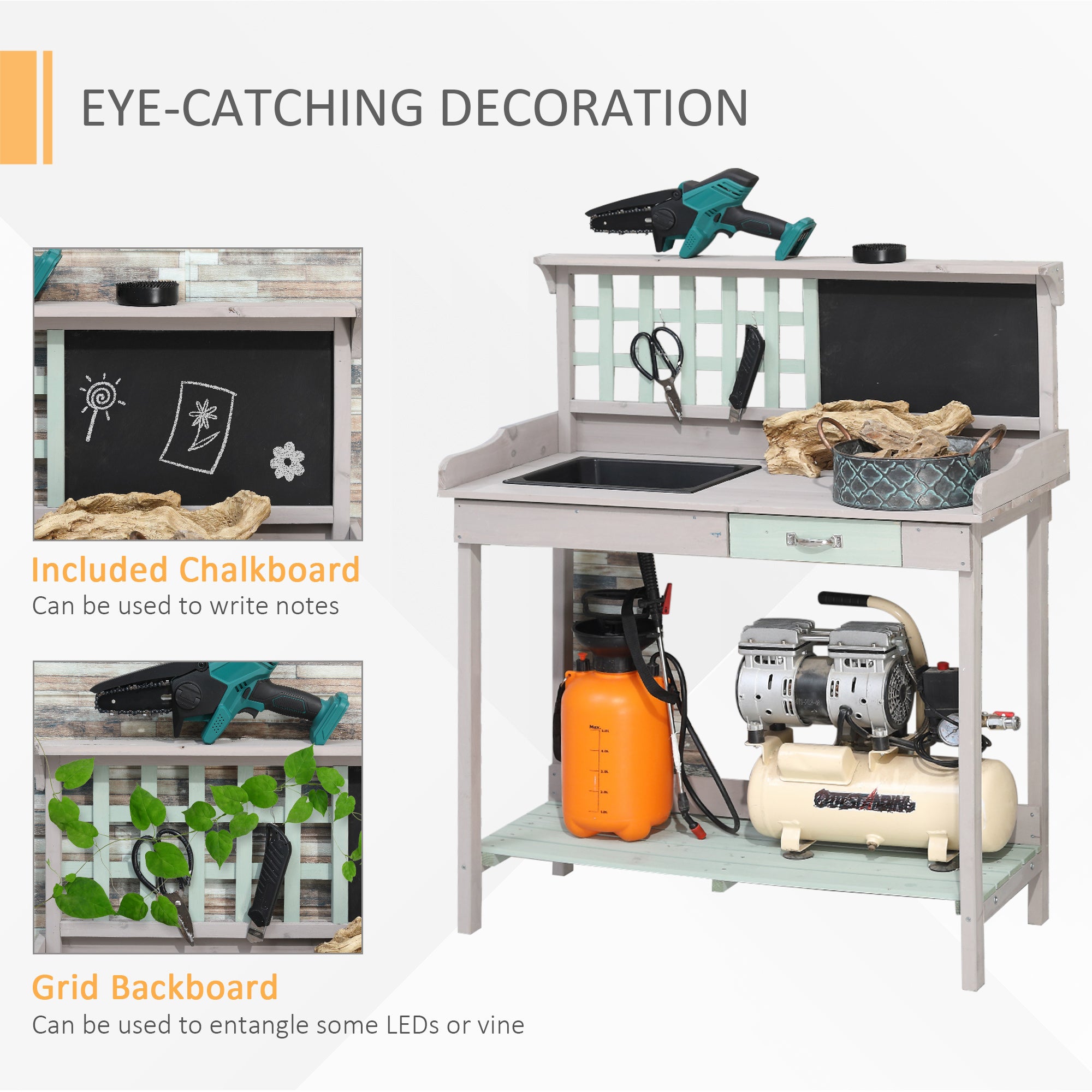 HOMCOM Garden Potting Table with Sink, Blackboard and Drawer, Wooden Planting Work Bench Workstation Outdoor Tool Storage Shelves - anydaydirect