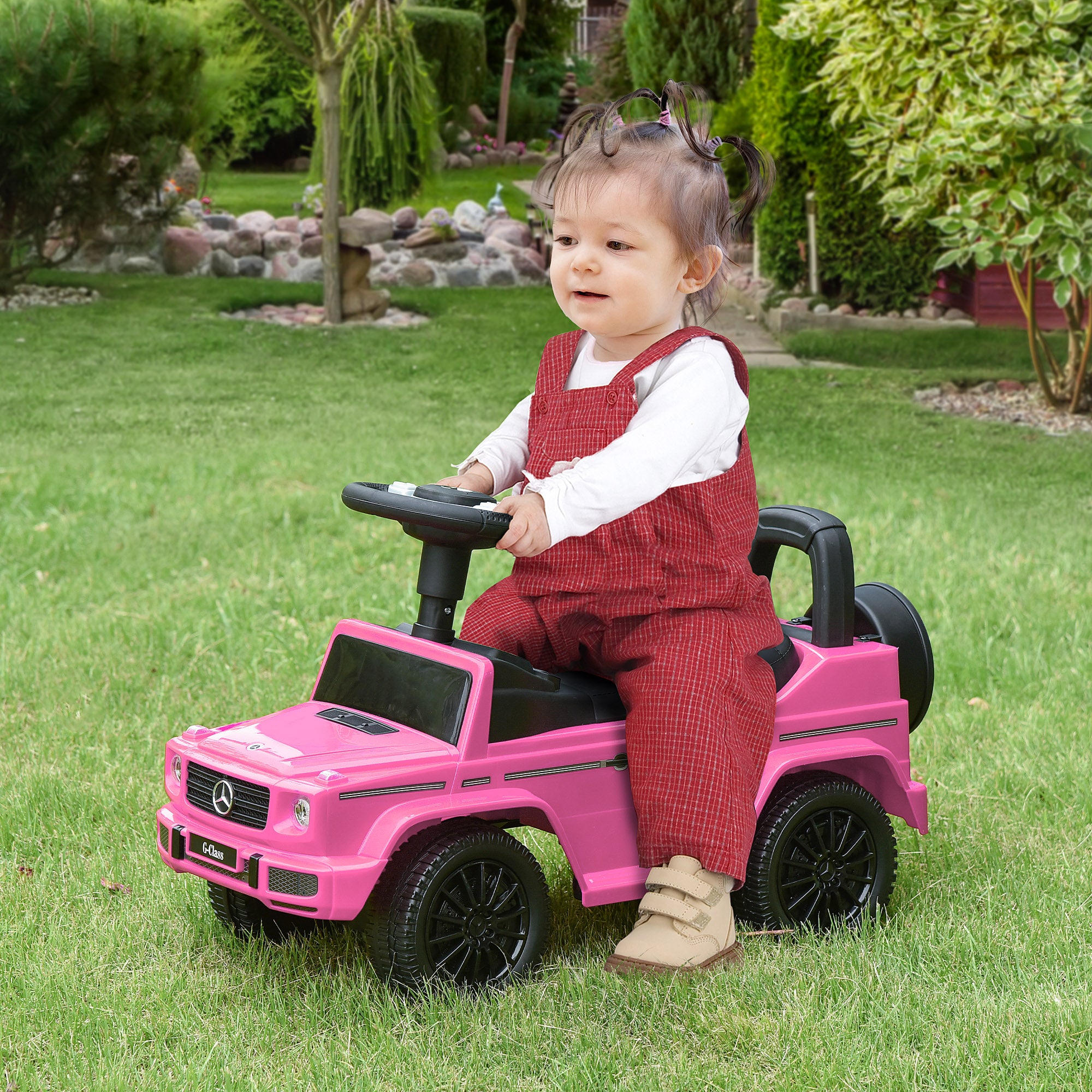 HOMCOM Aosom Compatible Baby Push Handle Sliding Car Mercedes-Benz G350 Licensed Foot to Floor Slider w/ Horn Under Seat Storage Pink - anydaydirect