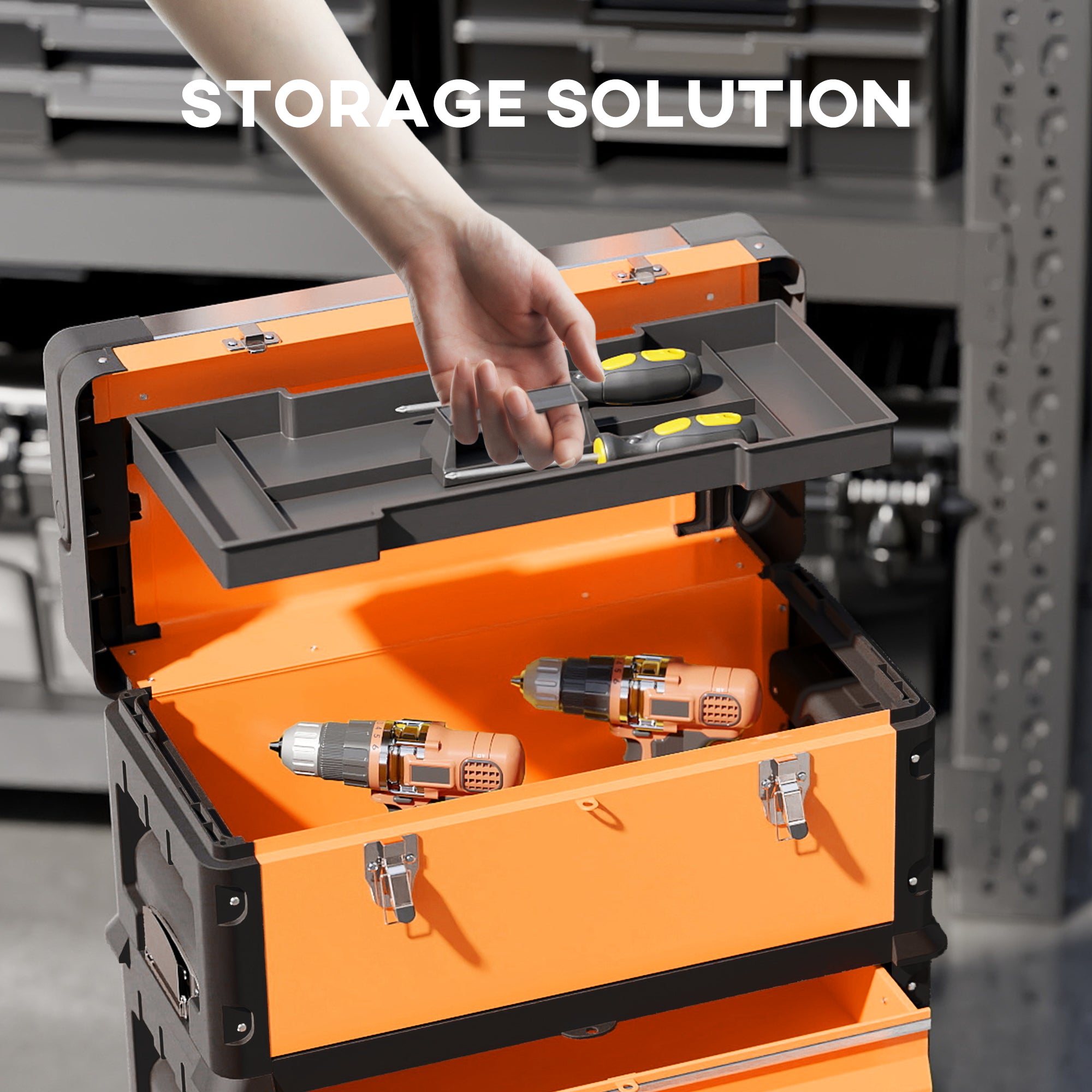 HOMCOM 3-in-1 Stackable Rolling Tool Box - Orange - anydaydirect