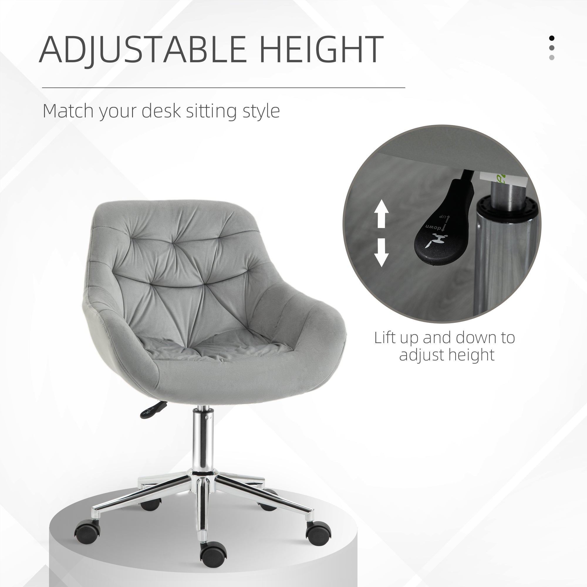 Vinsetto Home Office Chair Velvet Ergonomic Computer Chair Comfy Desk Chair with Adjustable Height, Arm and Back Support, Grey - anydaydirect