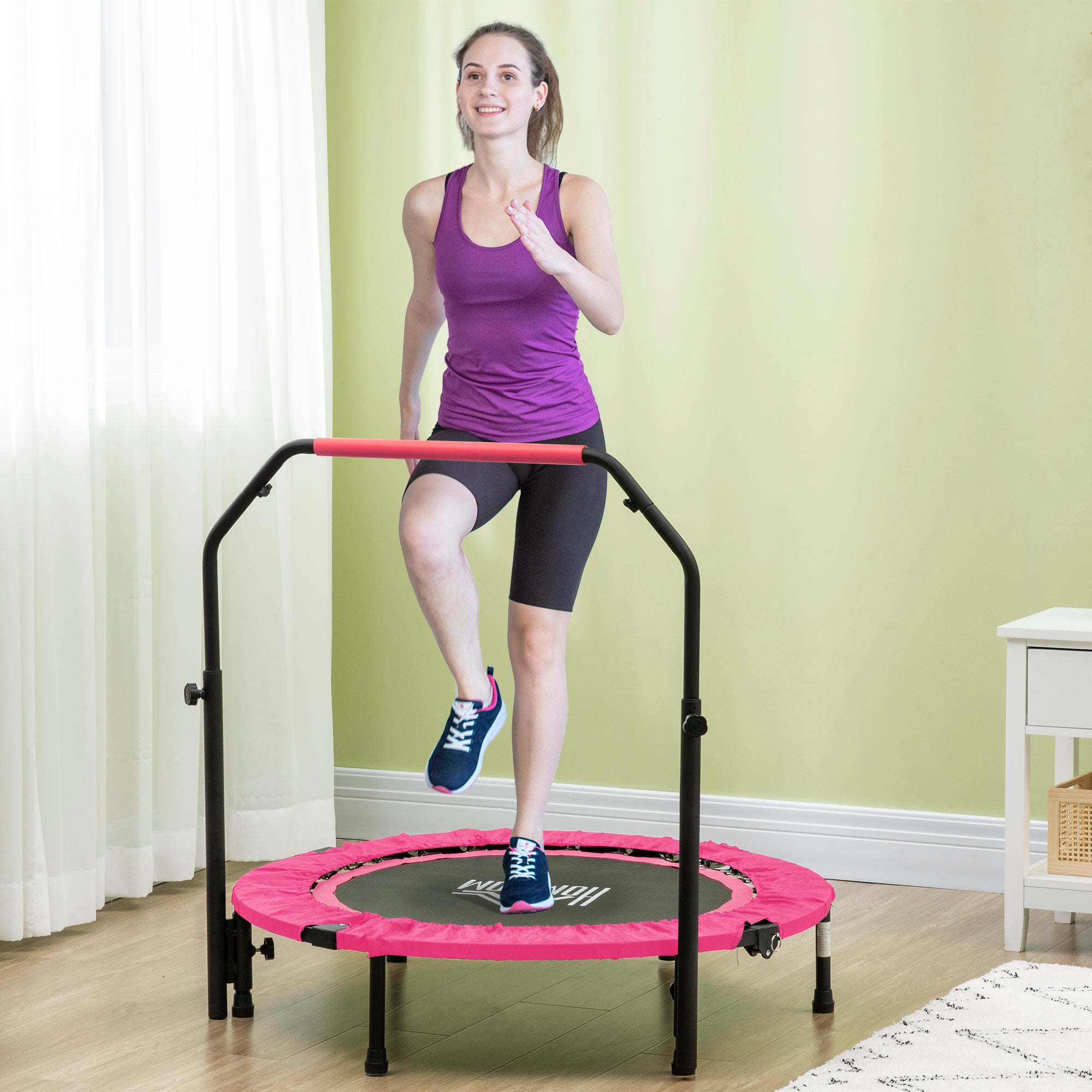 HOMCOM 40" Foldable Mini Fitness Trampoline, with Adjustable Foam Handle, Pink - anydaydirect