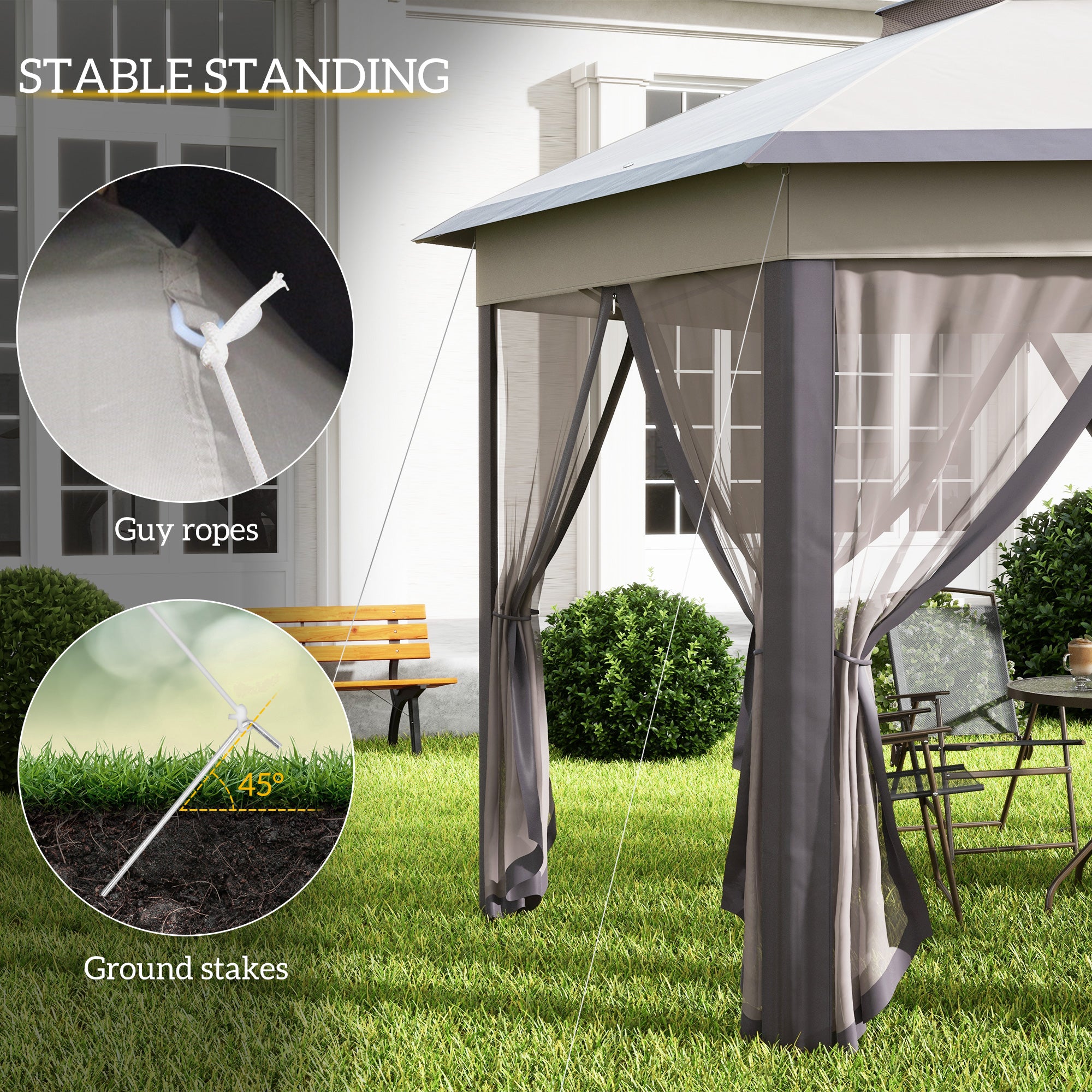 Outsunny 3 x 4m Garden Gazebo Hexagon Pop Up Party Tent Canopy Double Roof Instant Shelter with Netting and Carry Bag for Outdoor Patio, Beige - anydaydirect