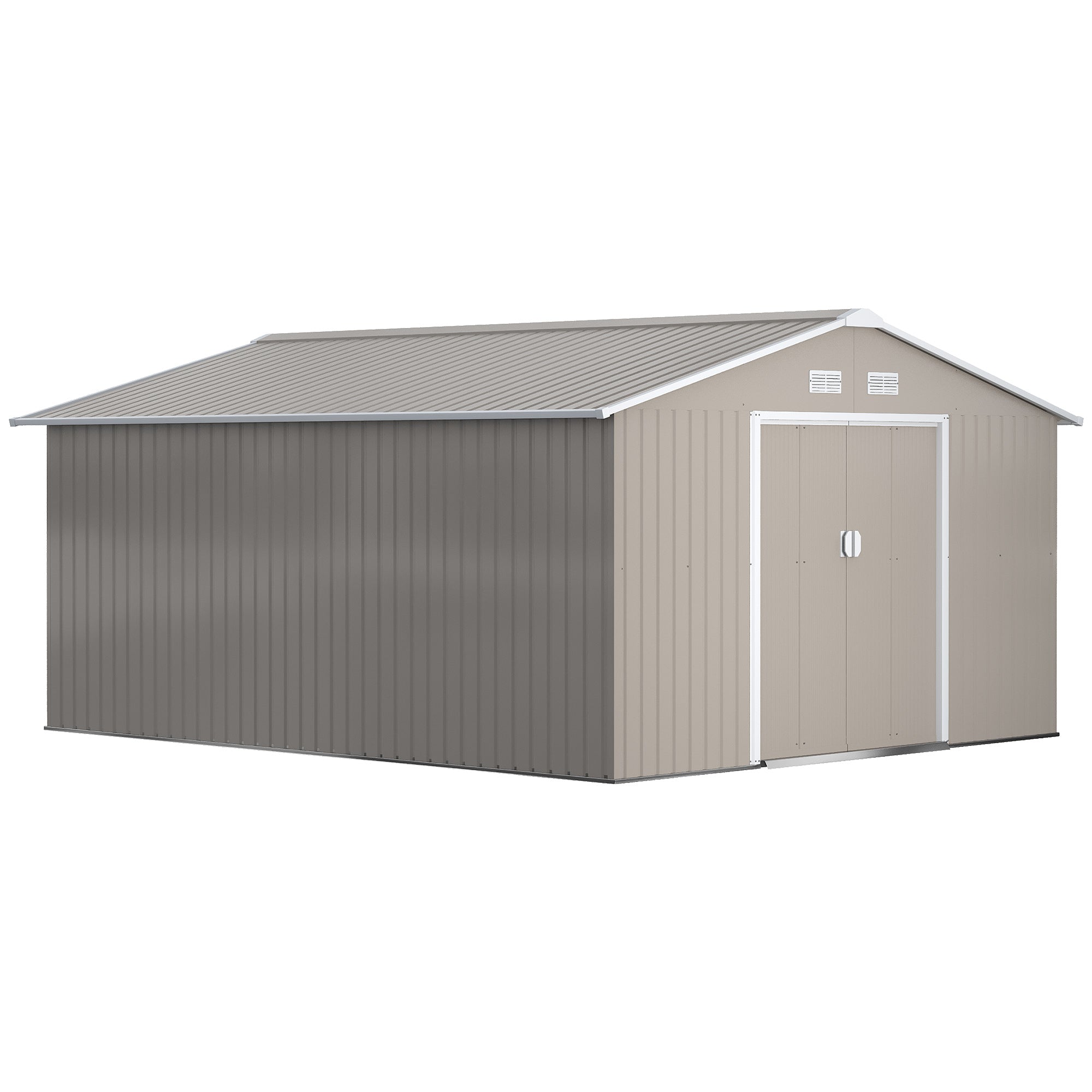 Outsunny 13 x 11ft Garden Metal Storage Shed Outdoor Storage Shed with Foundation Ventilation & Doors, Light Grey - anydaydirect