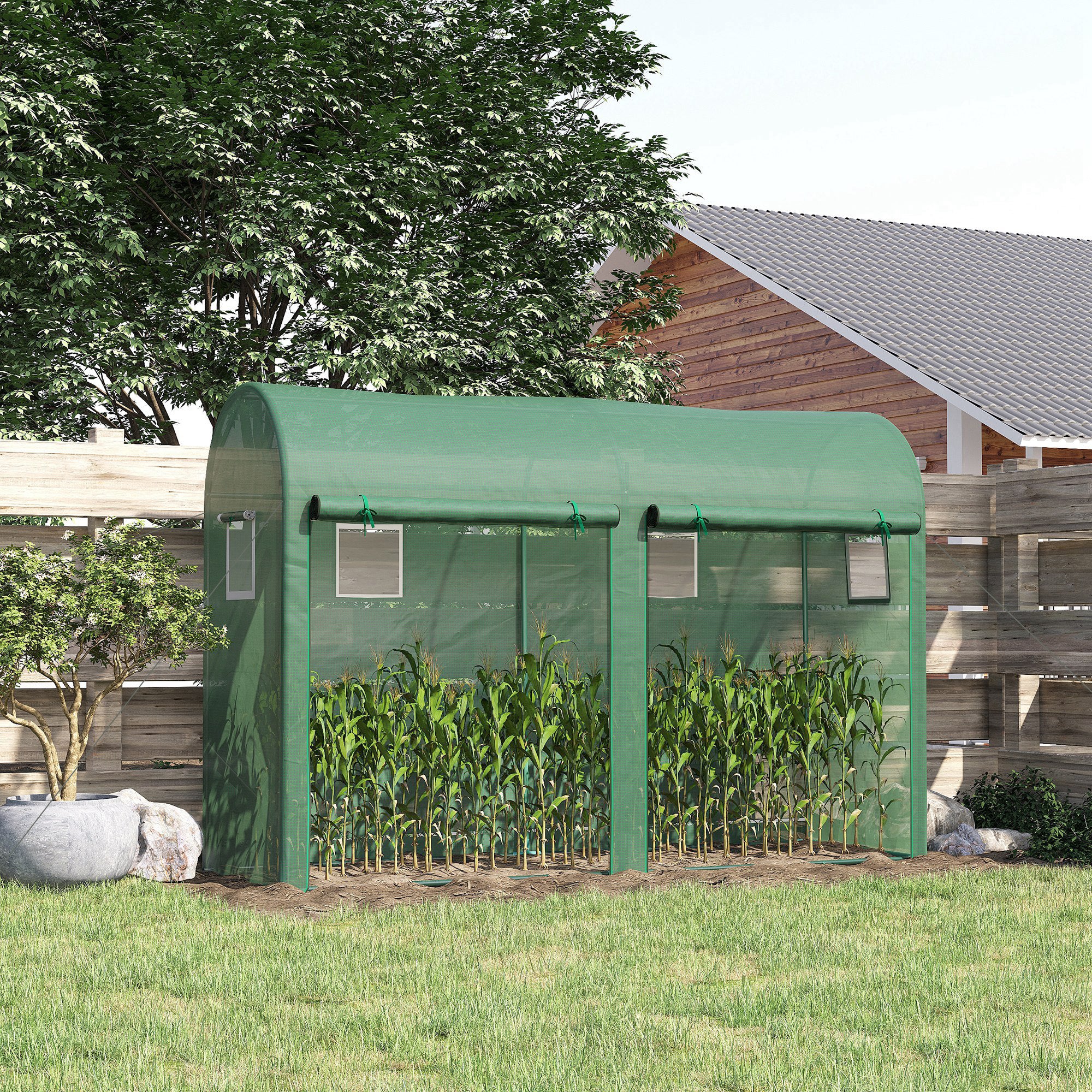 Outsunny Garden Plant Tomato Growth Greenhouse W/ Double Doors & 4 Windows PE Cover Steel Frame Green, 3L x 1W x 2H (m) - anydaydirect