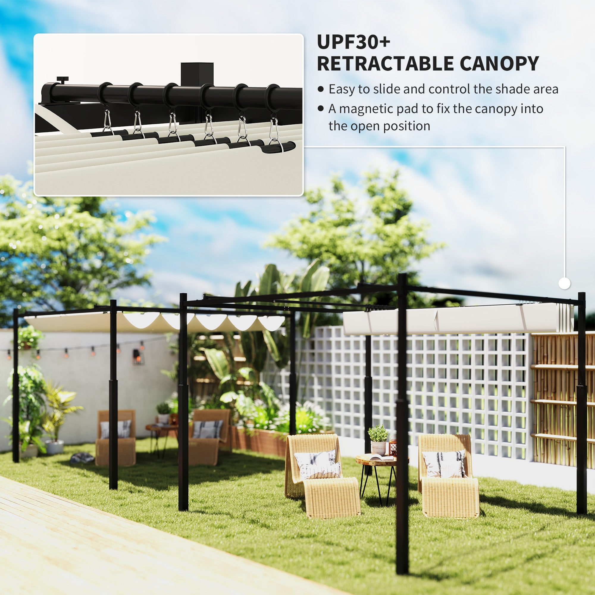 Outsunny 3 x 3(m) Garden Pergola with Retractable Roof and Magnetic Fixture, Outdoor Gazebo Pergola Kit Sun Shade Canopy, UPF30+, 80mm Metal Column, Cream White - anydaydirect