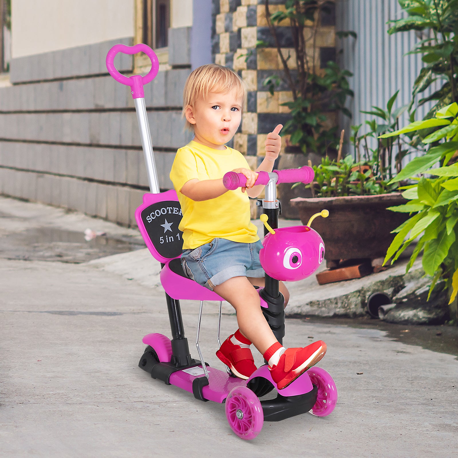 HOMCOM 5-in-1 Kids Toddler 3 Wheels Mini Kick Scooter Push Walker with Removable Seat & Back Rest for Girls and Boys Pink - anydaydirect