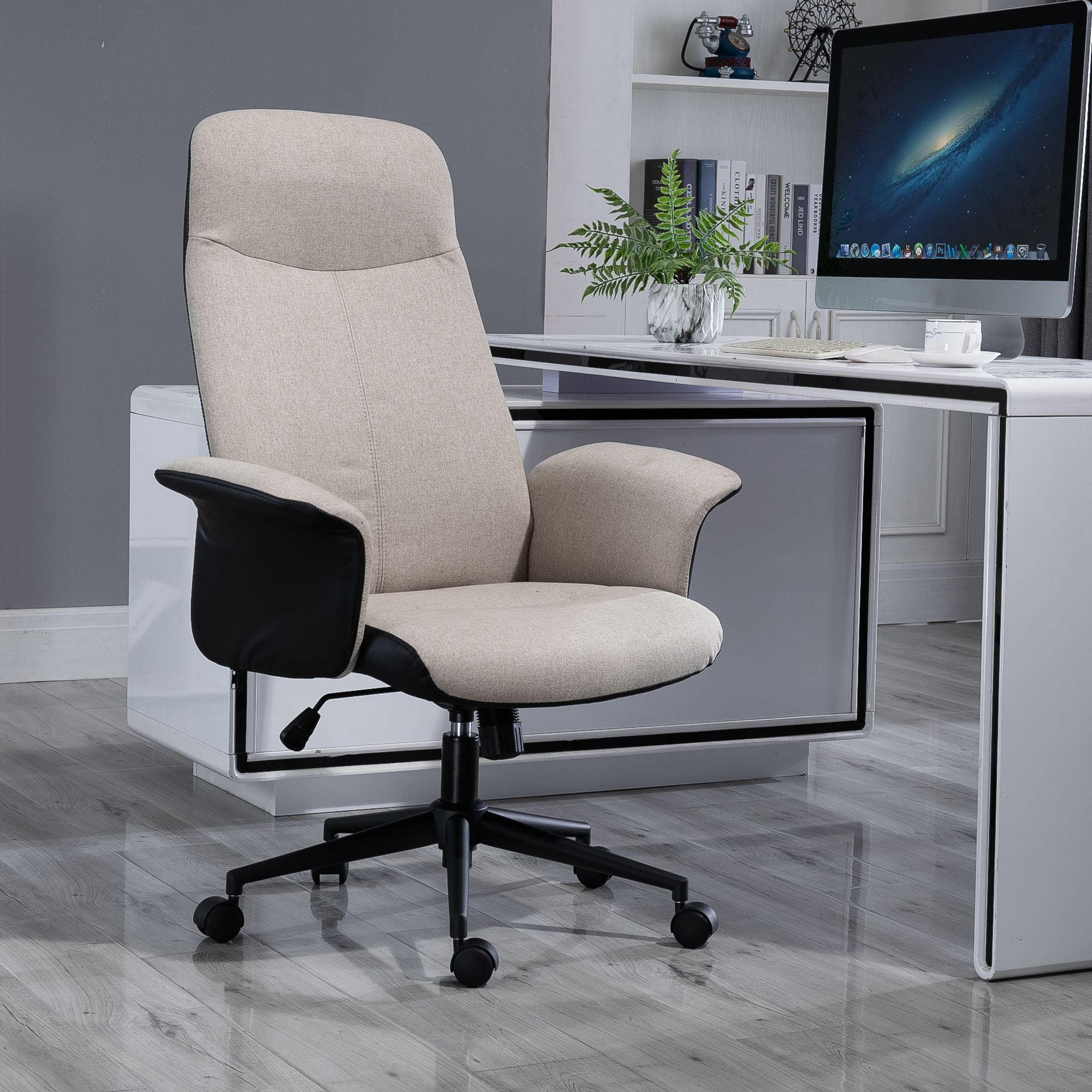Vinsetto Office Chair, Linen Fabric Desk Chair, Comfortable Computer Chair with Adjustable Height, Padded Armrests and Swivel Wheels, Beige - anydaydirect