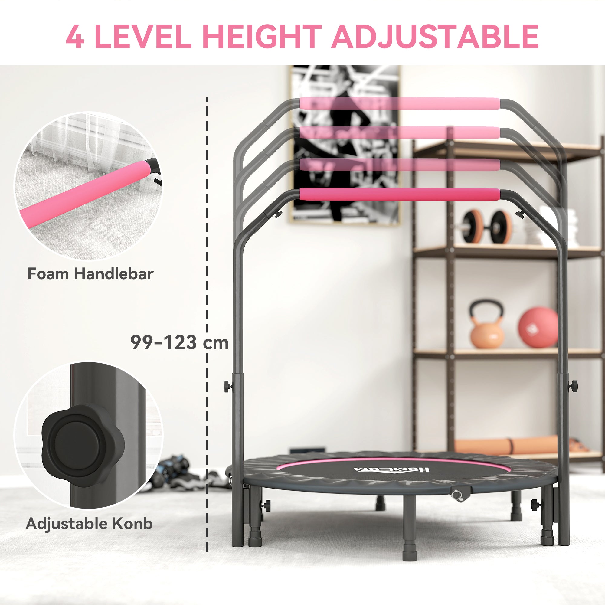 HOMCOM 48" Foldable Mini Fitness Trampoline, with Adjustable Foam Handle, Pink - anydaydirect