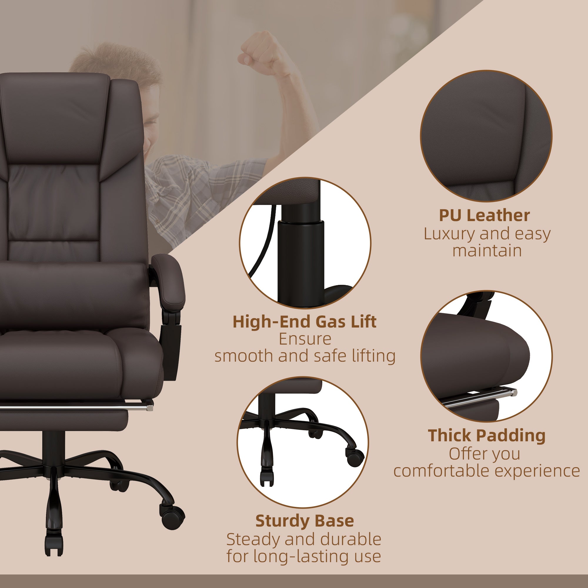 Vinsetto 6-Point Massage Office Chair, PU Leather Desk Chair with Adjustable Height and Footrest for Home Office, Brown - anydaydirect