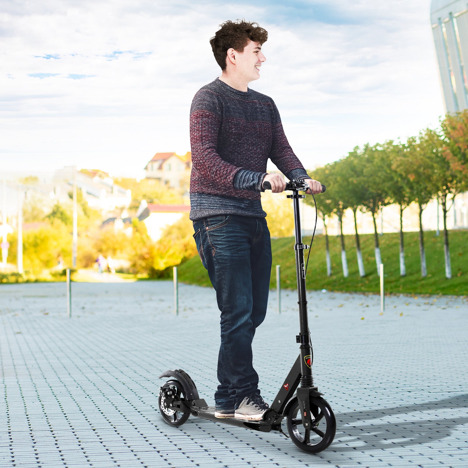 HOMCOM Kick Scooter, Folding 2 Wheel Scooter for 14+ Teens Adults, with Dual Brake System, Dual Suspension, 230mm Big Wheels, 3 Adjustable Handlebar, up to 100KG, Black - anydaydirect