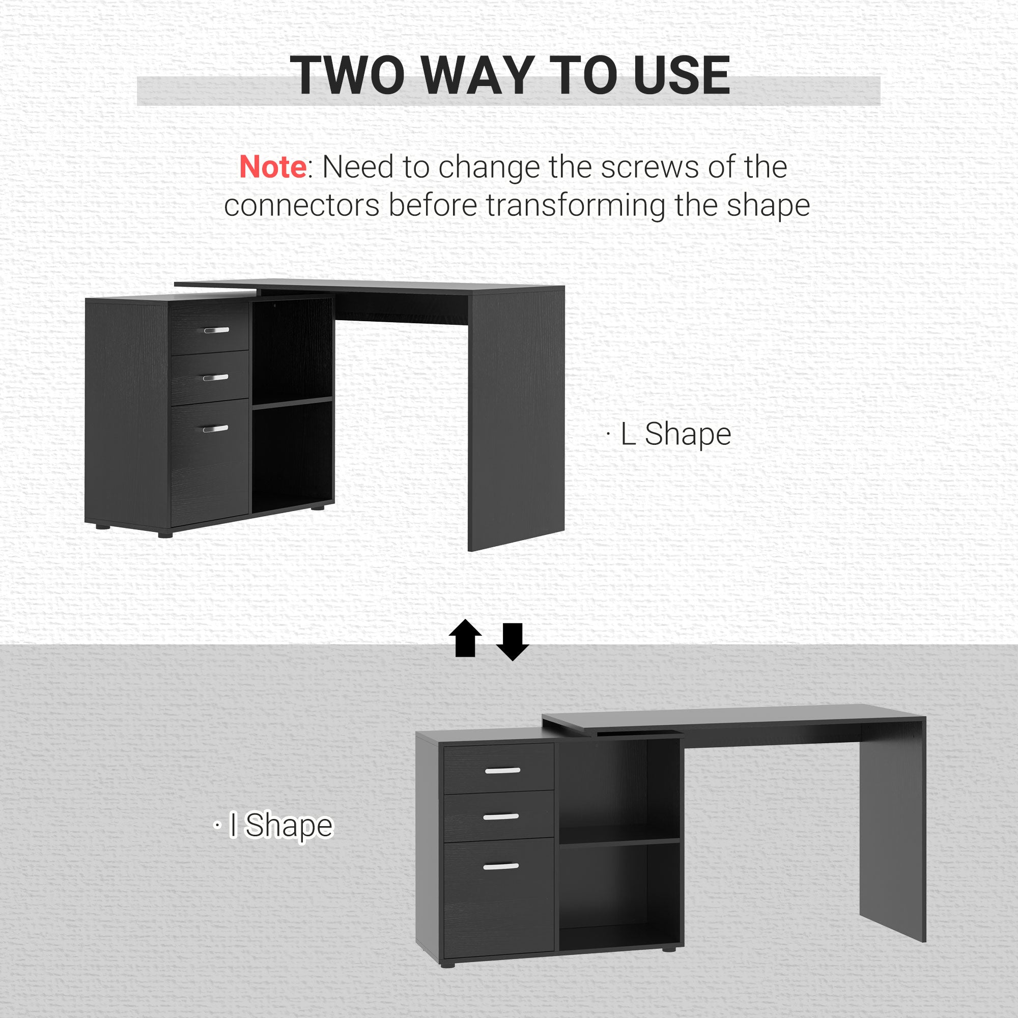 HOMCOM L Shaped Computer Desk, Reversible Home Office Desk with Drawers, File Cabinet and Storage Shelves, Study Table, 117 x 83.5 x 76cm, Black - anydaydirect
