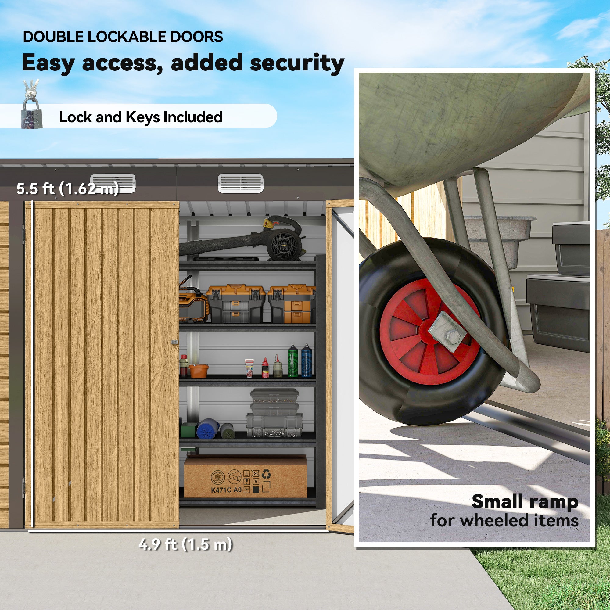 Outsunny 3.7 x 7.9ft Galvanised Steel Shed, with Latched Door and Padlock - Oak - anydaydirect