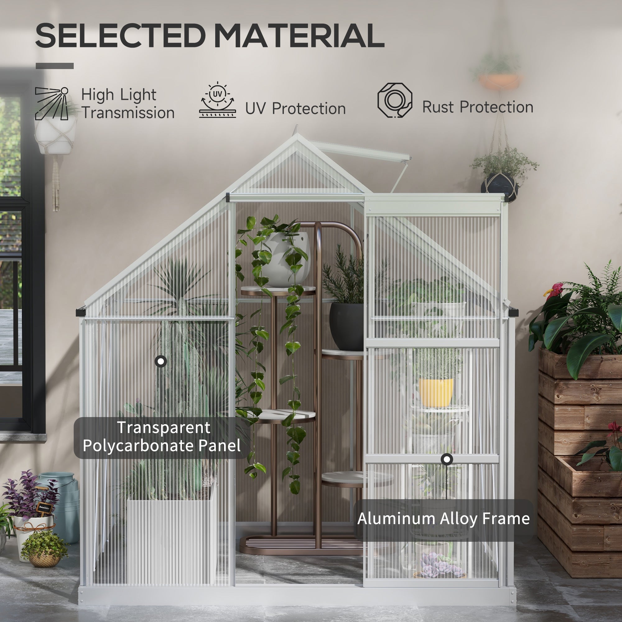 Outsunny 6 x 6ft Walk-In Greenhouse, Polycarbonate Greenhouse with Sliding Door, Window, Aluminium Frame, Foundation, Silver - anydaydirect