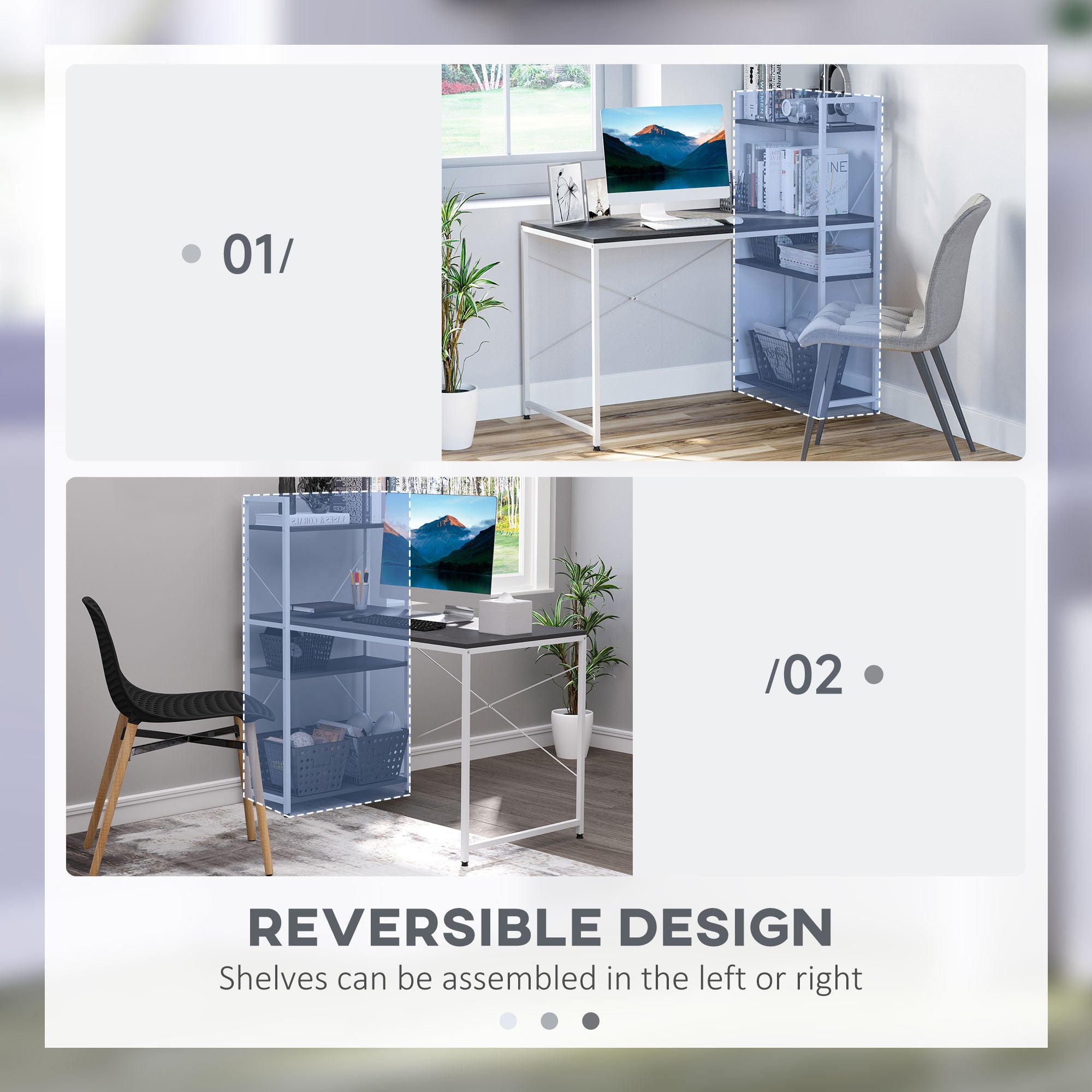HOMCOM Computer Desk with Storage Shelves on Left or Right, Industrial Reversible Writing Desk for Home Office, Study, Easy Assembly, 120 x 64 x 121cm, Black and White - anydaydirect