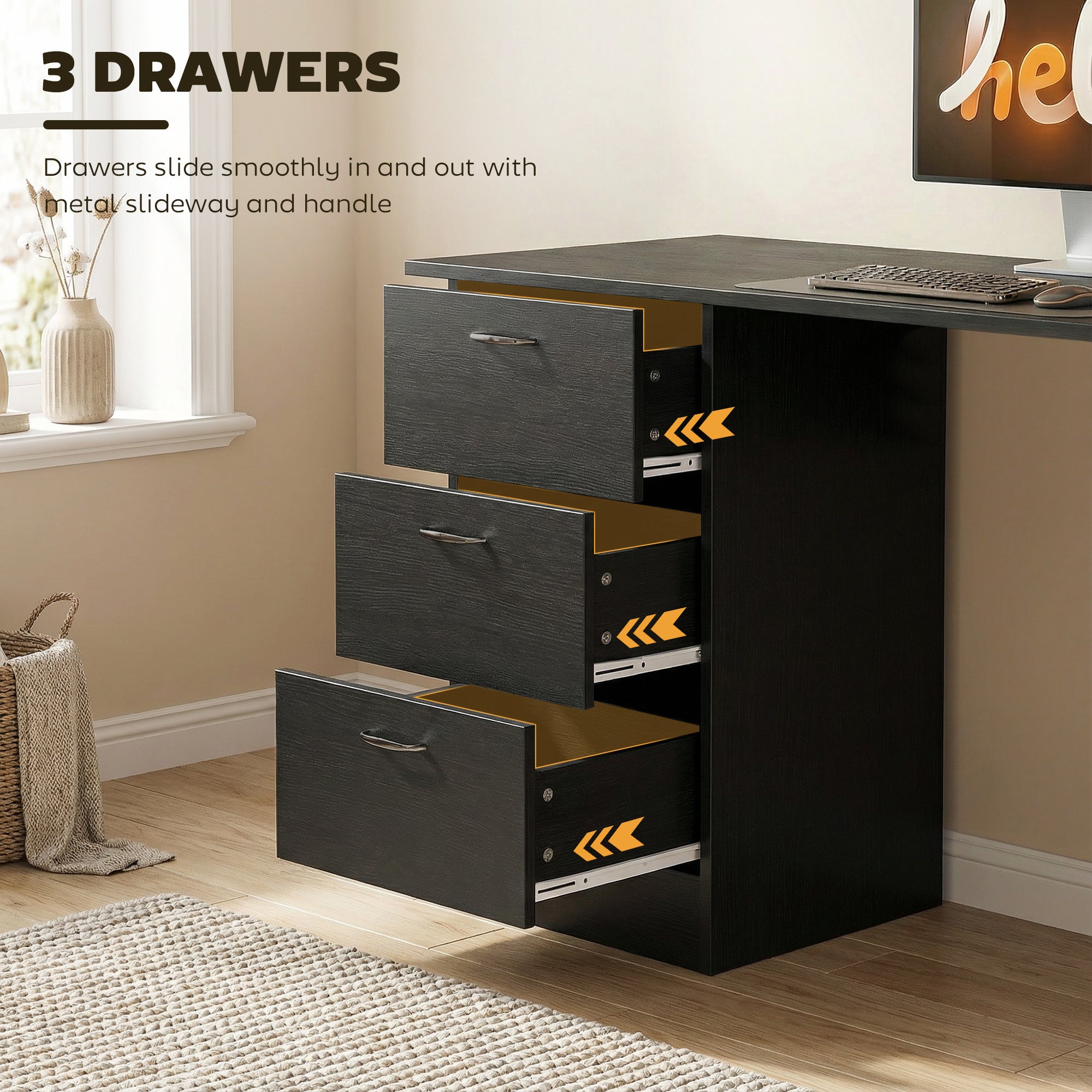HOMCOM Computer Desk, Writing Table, PC Workstation with 3 Storage Shelves and Drawers, Handle, for Home Office, Black - anydaydirect