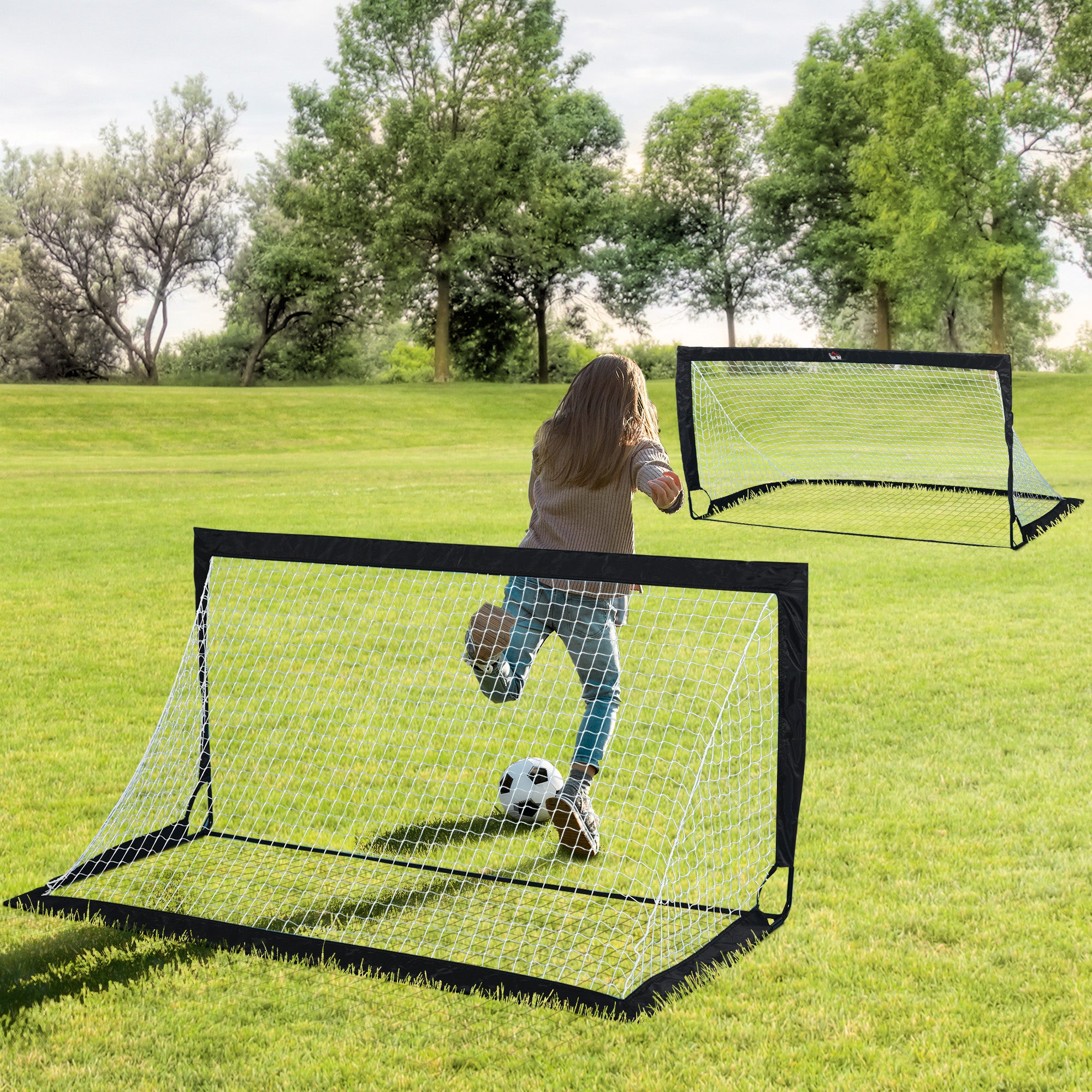 HOMCOM Set of 2 Football Goal Net 6 x 3 ft Foldable Outdoor Sport Training Teens Adults Football with Carrying Bag Black - anydaydirect