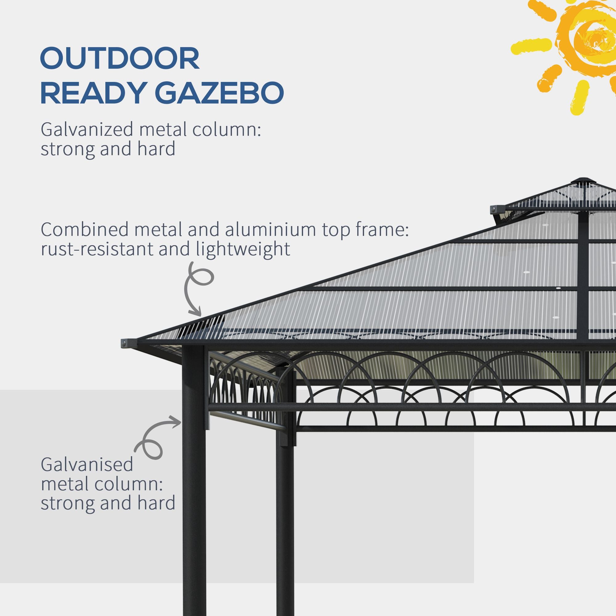 Outsunny 3 x 3 (m) Outdoor Polycarbonate Gazebo, Double Roof Hard Top Gazebo with Galvanised Steel Frame, Nettings & Curtains for Garden, Lawn, Patio and Deck, Khaki - anydaydirect