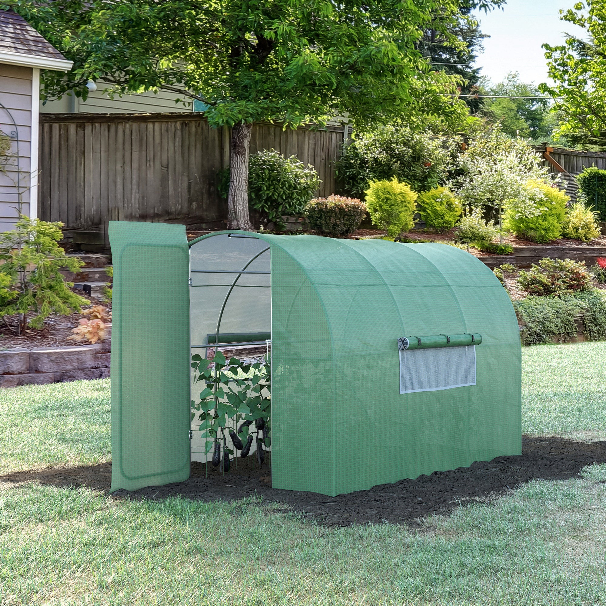 Outsunny Large Polytunnel Walk In Greenhouse, Plant Gardening Tunnel Green House with Metal Hinged Door, Galvanised Steel Frame & Mesh Windows, Green (3 x 2 m) - anydaydirect