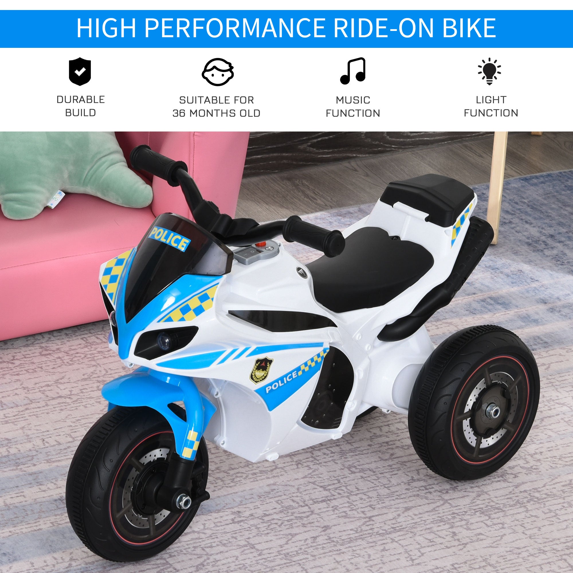 HOMCOM Kids Ride-On Police Bike 3-Wheel Vehicle w/ Music Lights Safe Seat Handlebars Toddler NO POWER Child Learning Fun Development 18-36 Months Blue - anydaydirect